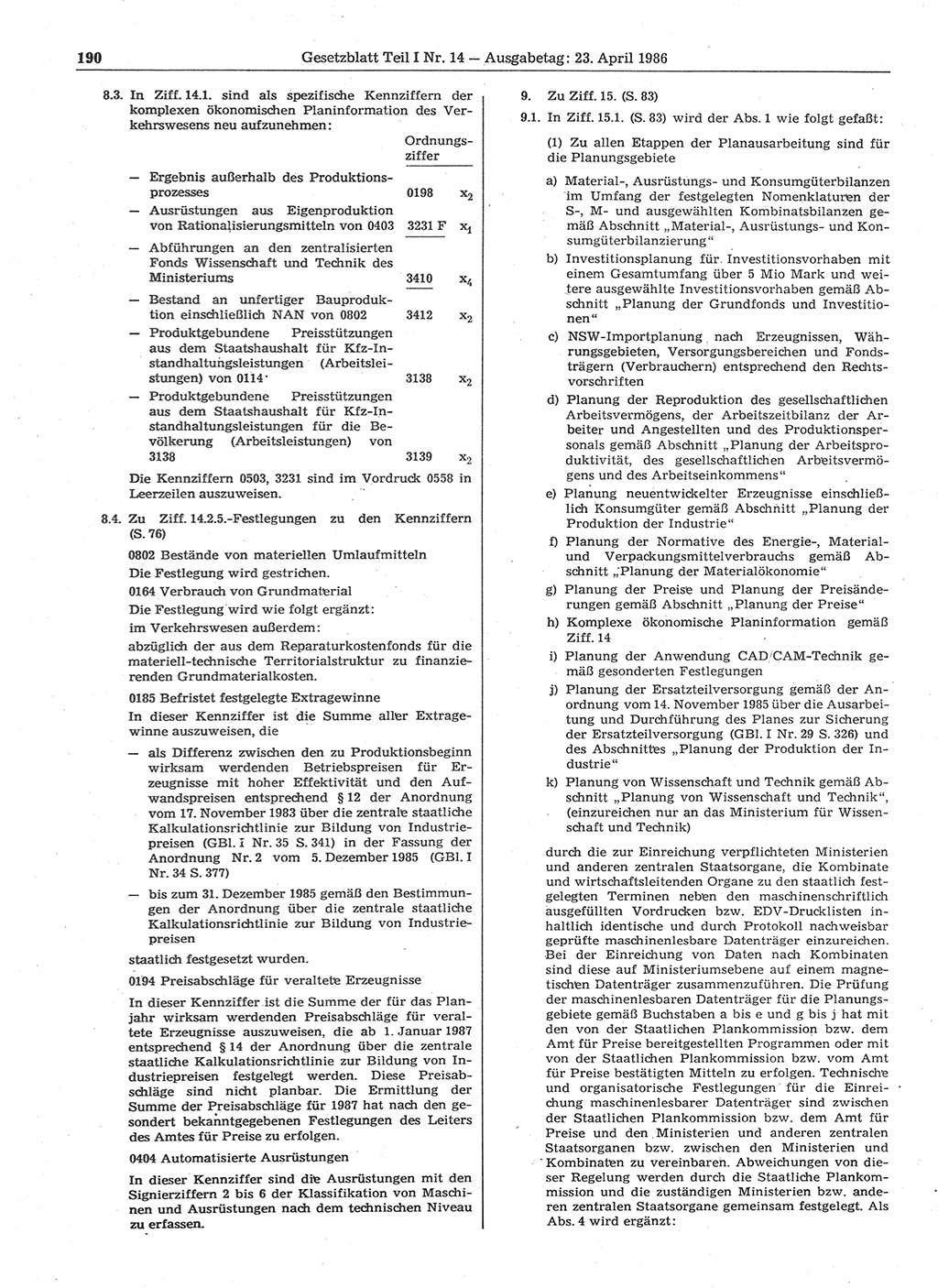 Gesetzblatt (GBl.) der Deutschen Demokratischen Republik (DDR) Teil Ⅰ 1986, Seite 190 (GBl. DDR Ⅰ 1986, S. 190)