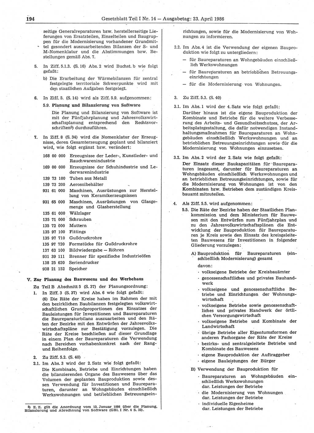 Gesetzblatt (GBl.) der Deutschen Demokratischen Republik (DDR) Teil Ⅰ 1986, Seite 194 (GBl. DDR Ⅰ 1986, S. 194)
