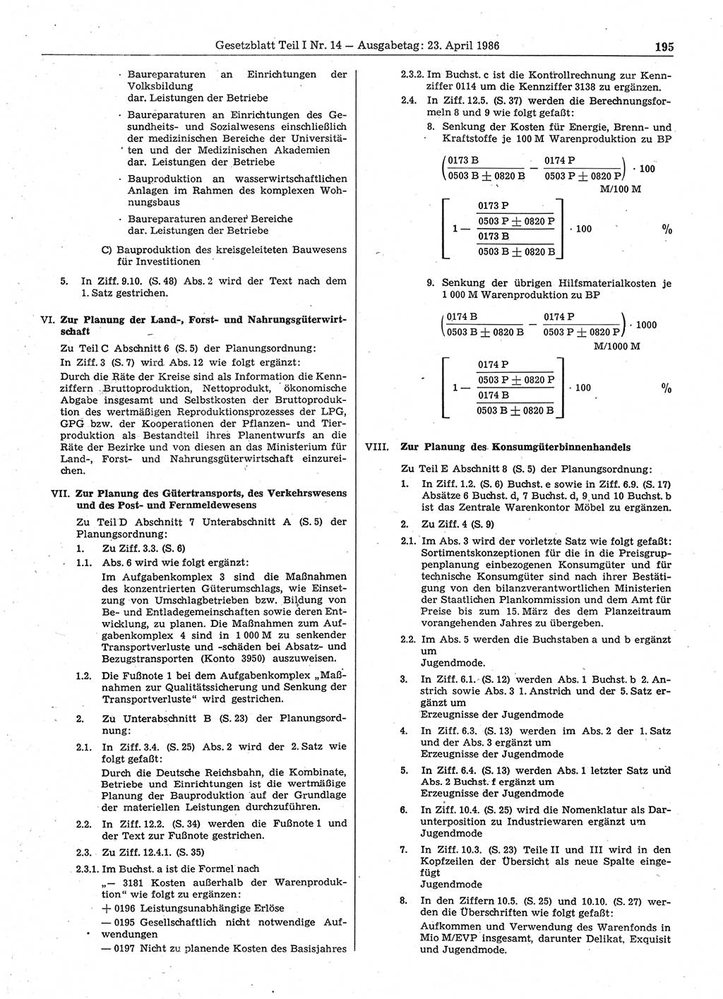 Gesetzblatt (GBl.) der Deutschen Demokratischen Republik (DDR) Teil Ⅰ 1986, Seite 195 (GBl. DDR Ⅰ 1986, S. 195)