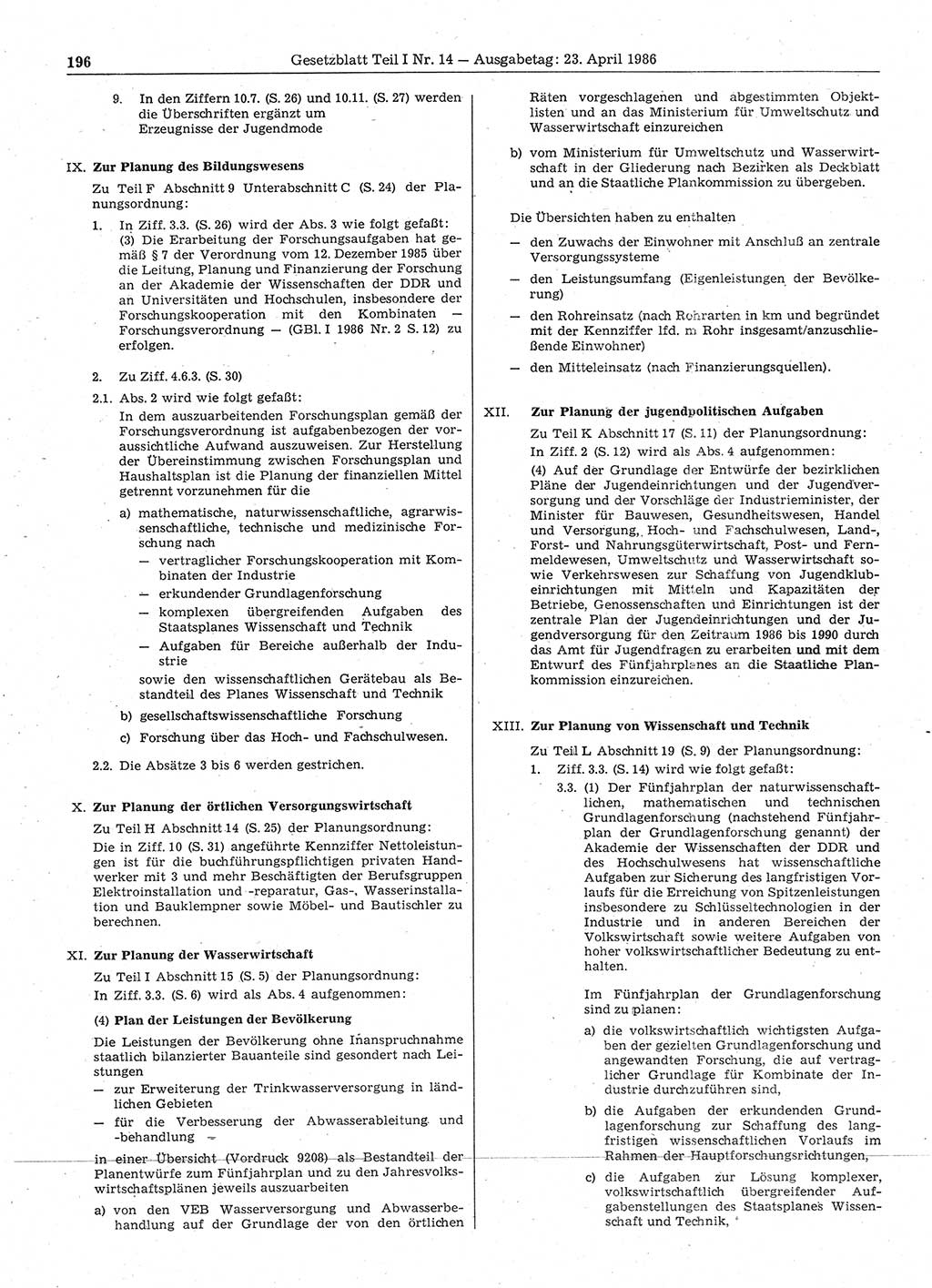 Gesetzblatt (GBl.) der Deutschen Demokratischen Republik (DDR) Teil Ⅰ 1986, Seite 196 (GBl. DDR Ⅰ 1986, S. 196)