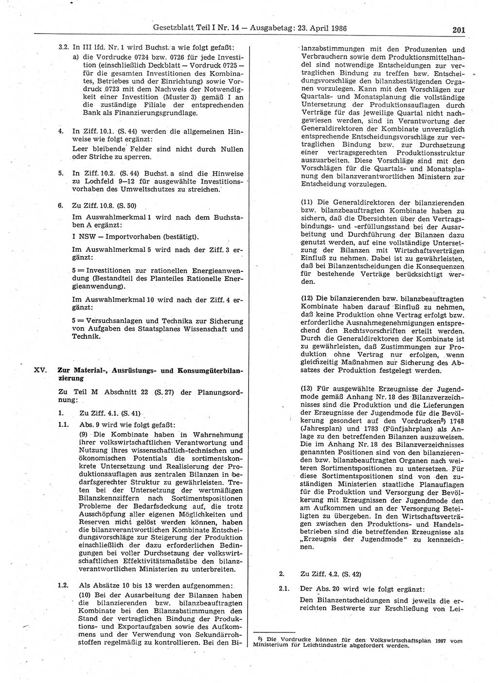 Gesetzblatt (GBl.) der Deutschen Demokratischen Republik (DDR) Teil Ⅰ 1986, Seite 201 (GBl. DDR Ⅰ 1986, S. 201)