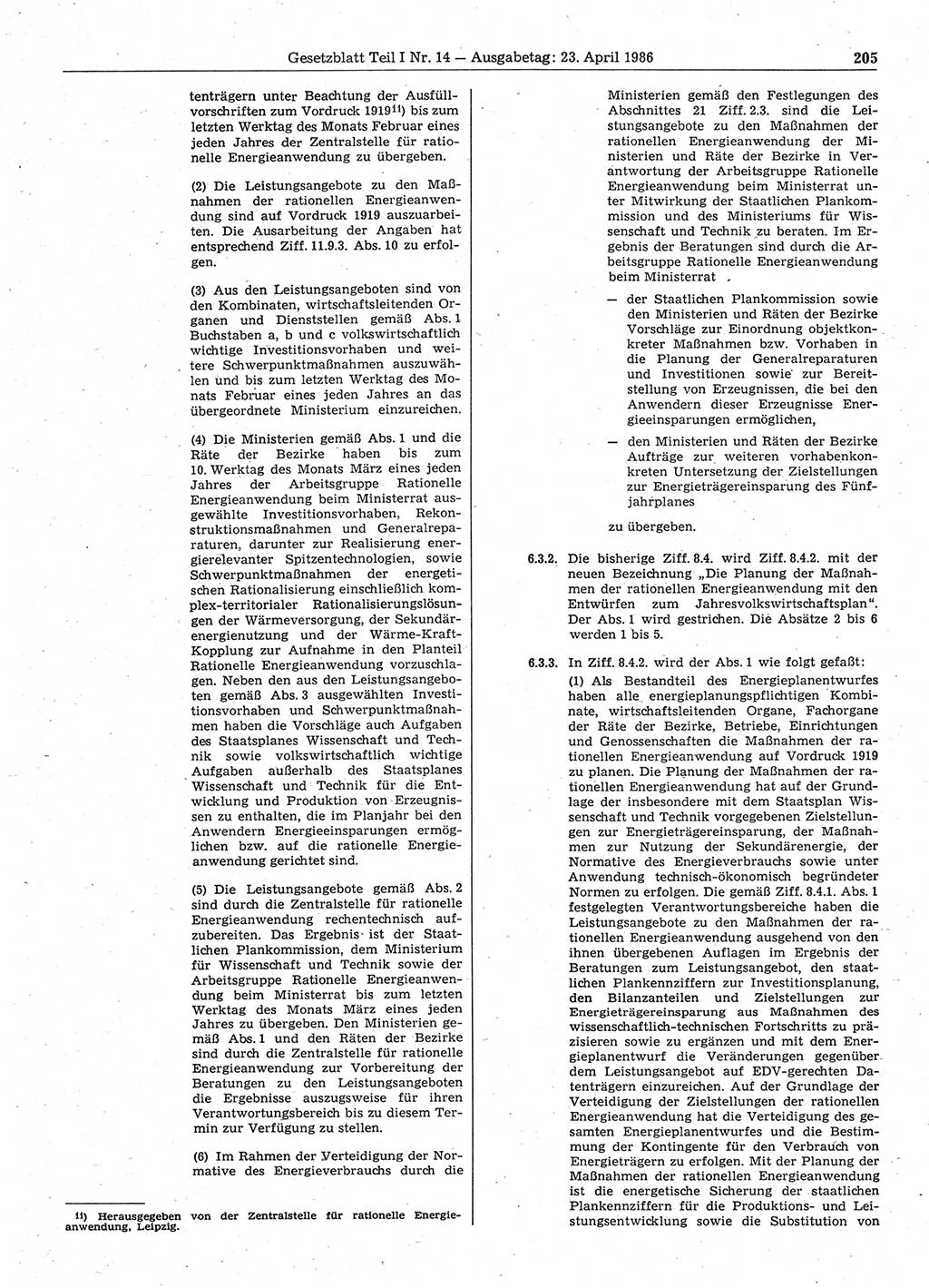Gesetzblatt (GBl.) der Deutschen Demokratischen Republik (DDR) Teil Ⅰ 1986, Seite 205 (GBl. DDR Ⅰ 1986, S. 205)