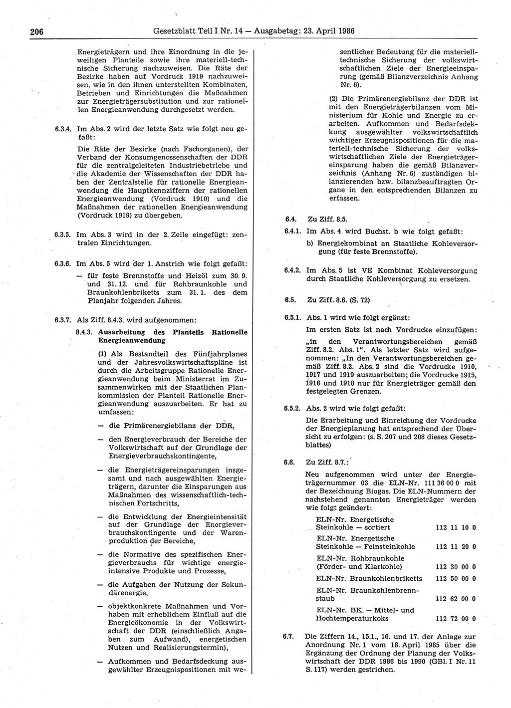 Gesetzblatt (GBl.) der Deutschen Demokratischen Republik (DDR) Teil Ⅰ 1986, Seite 206 (GBl. DDR Ⅰ 1986, S. 206)