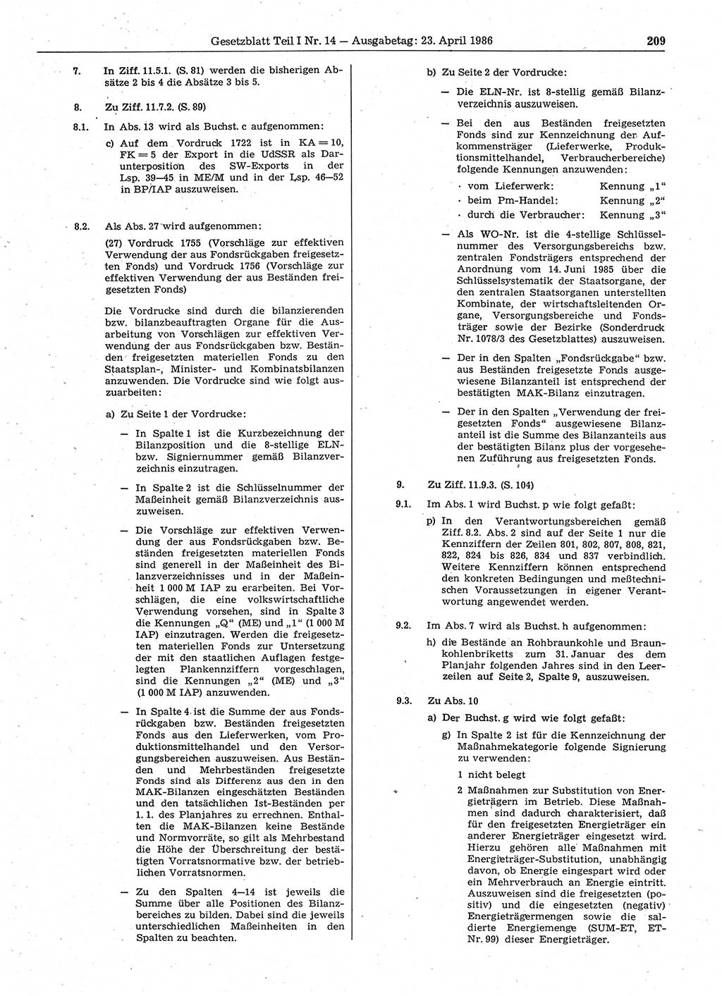Gesetzblatt (GBl.) der Deutschen Demokratischen Republik (DDR) Teil Ⅰ 1986, Seite 209 (GBl. DDR Ⅰ 1986, S. 209)
