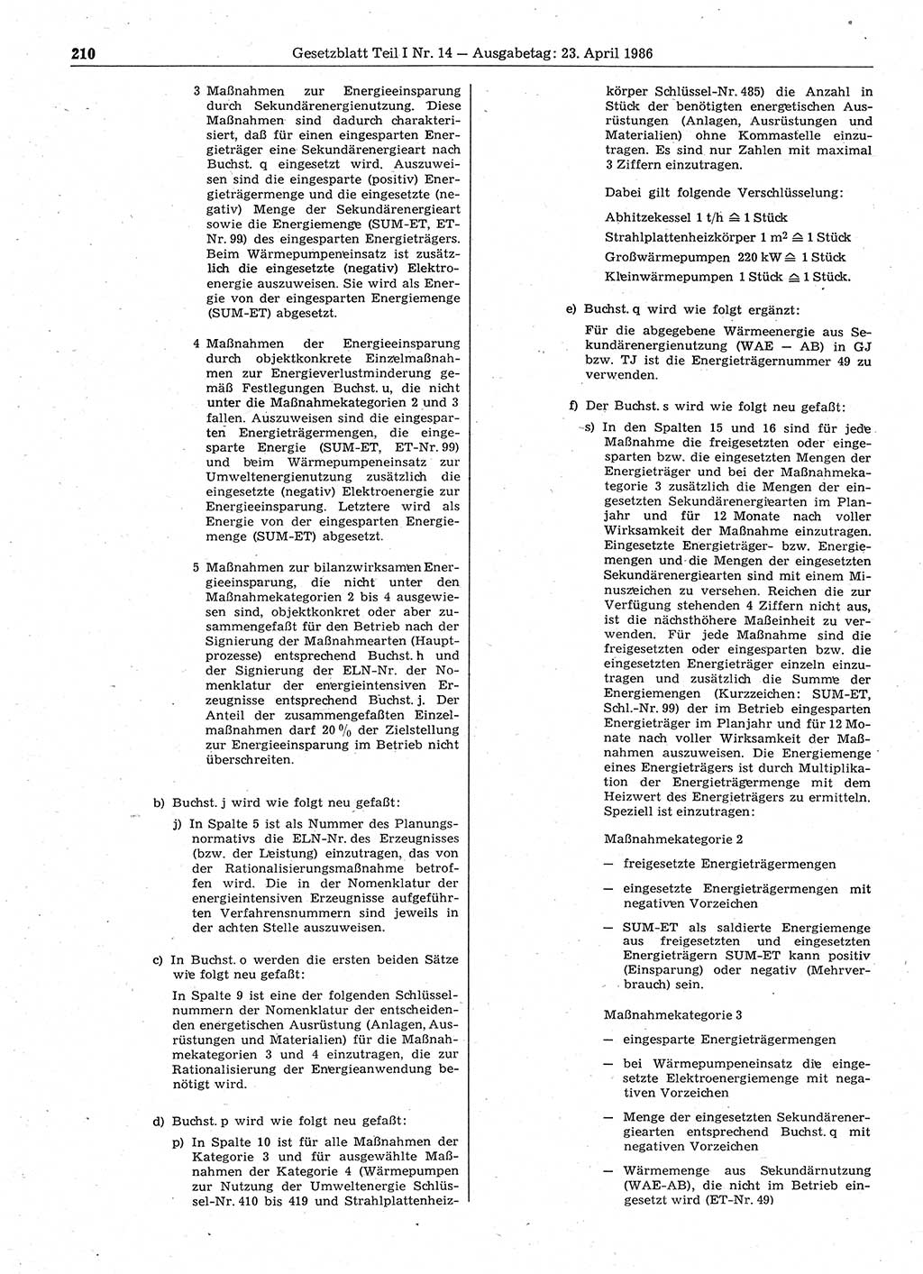Gesetzblatt (GBl.) der Deutschen Demokratischen Republik (DDR) Teil Ⅰ 1986, Seite 210 (GBl. DDR Ⅰ 1986, S. 210)
