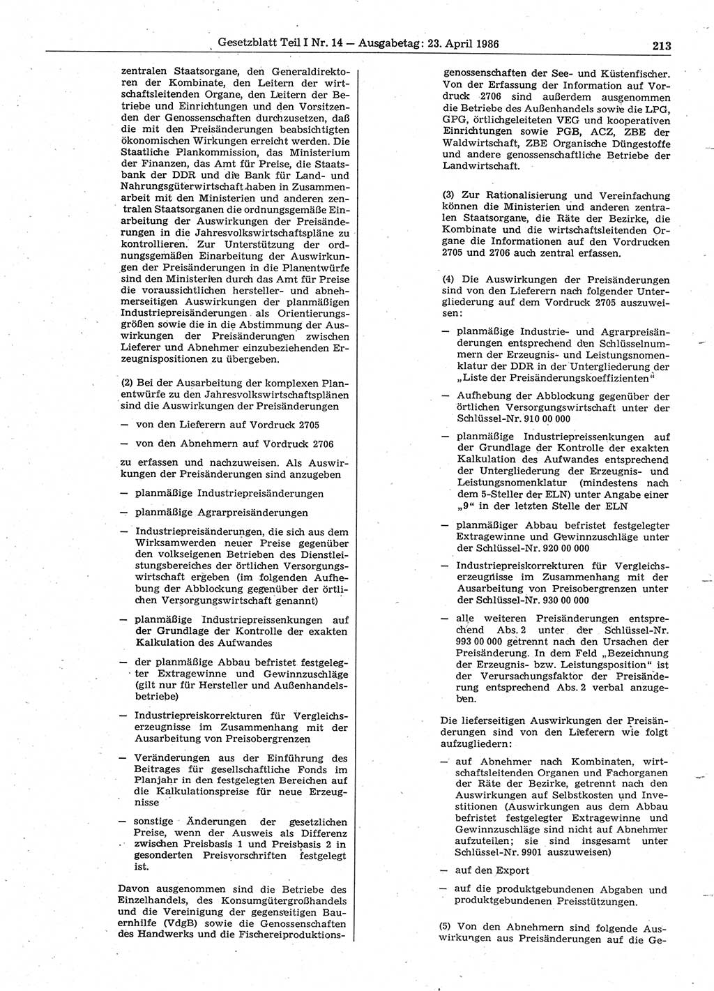 Gesetzblatt (GBl.) der Deutschen Demokratischen Republik (DDR) Teil Ⅰ 1986, Seite 213 (GBl. DDR Ⅰ 1986, S. 213)