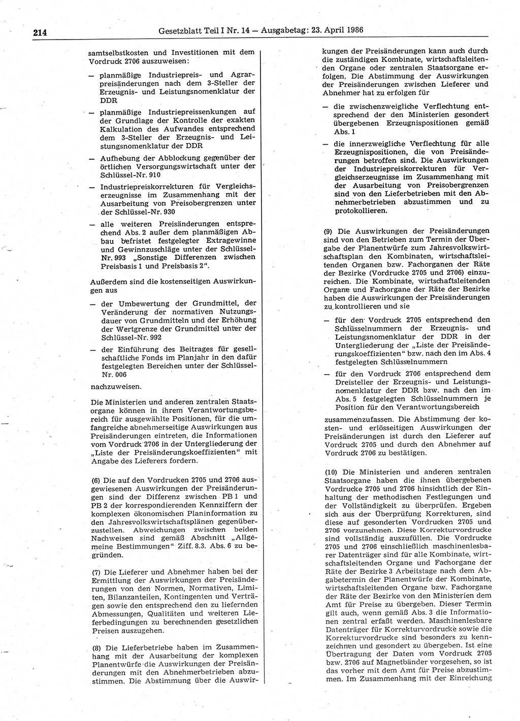 Gesetzblatt (GBl.) der Deutschen Demokratischen Republik (DDR) Teil Ⅰ 1986, Seite 214 (GBl. DDR Ⅰ 1986, S. 214)