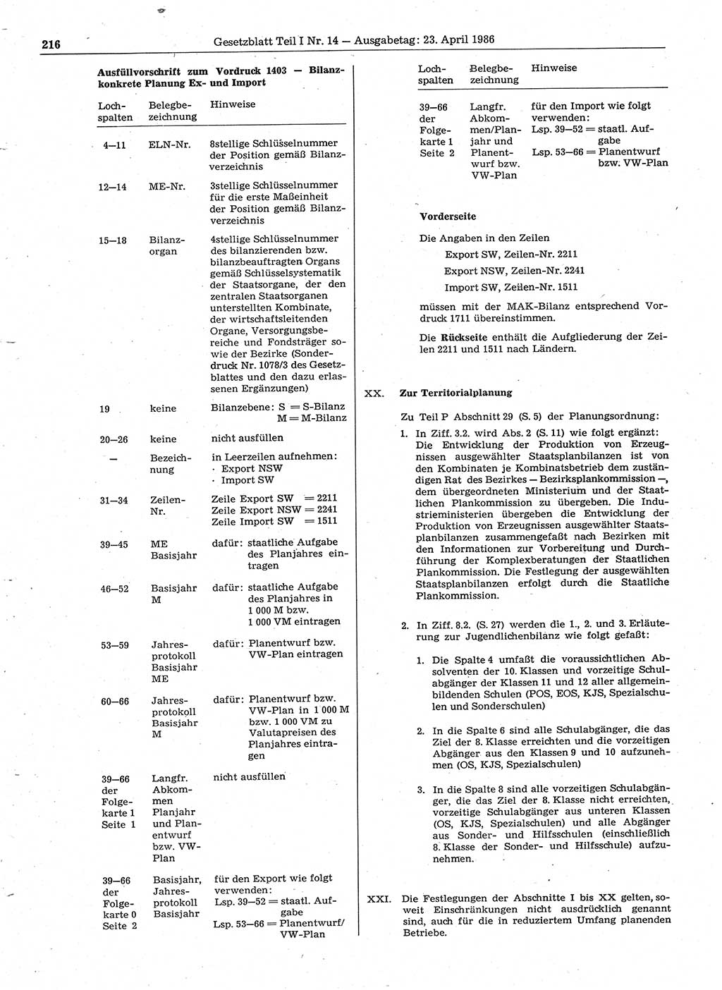 Gesetzblatt (GBl.) der Deutschen Demokratischen Republik (DDR) Teil Ⅰ 1986, Seite 216 (GBl. DDR Ⅰ 1986, S. 216)