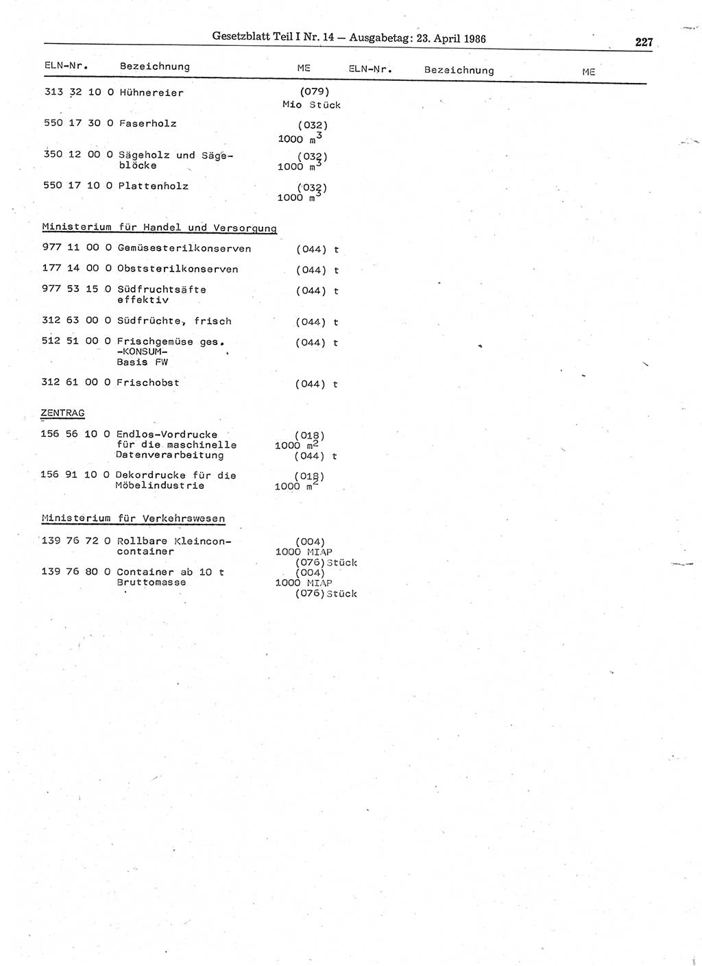Gesetzblatt (GBl.) der Deutschen Demokratischen Republik (DDR) Teil Ⅰ 1986, Seite 227 (GBl. DDR Ⅰ 1986, S. 227)