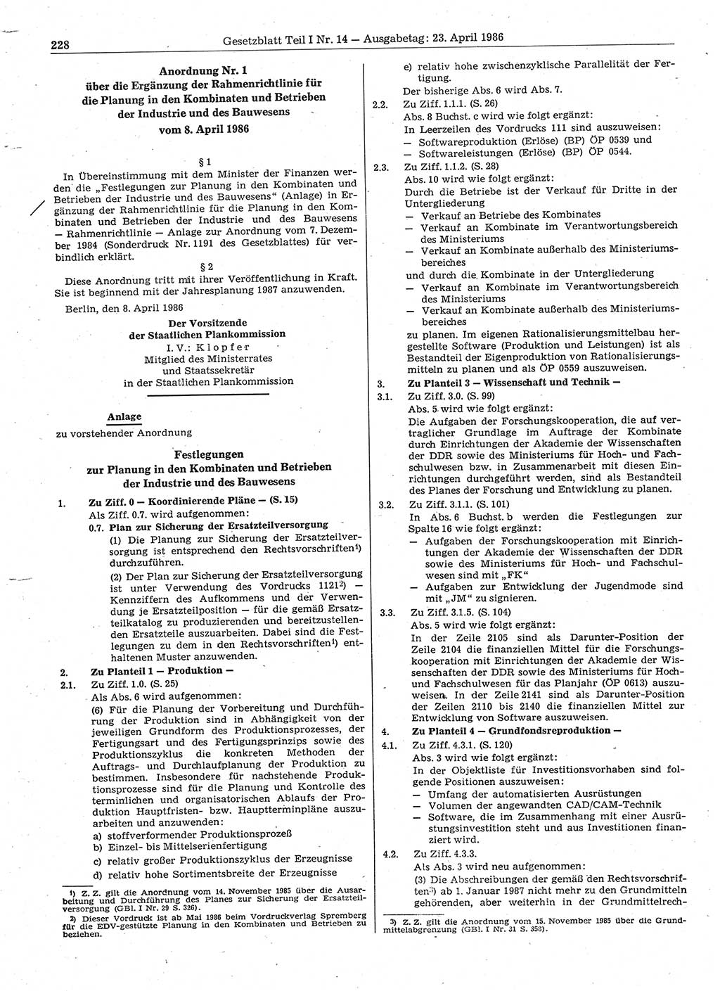 Gesetzblatt (GBl.) der Deutschen Demokratischen Republik (DDR) Teil Ⅰ 1986, Seite 228 (GBl. DDR Ⅰ 1986, S. 228)