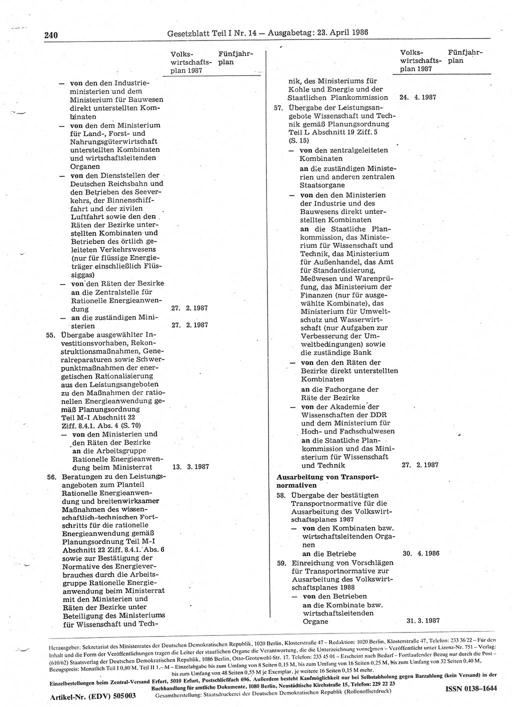 Gesetzblatt (GBl.) der Deutschen Demokratischen Republik (DDR) Teil Ⅰ 1986, Seite 240 (GBl. DDR Ⅰ 1986, S. 240)