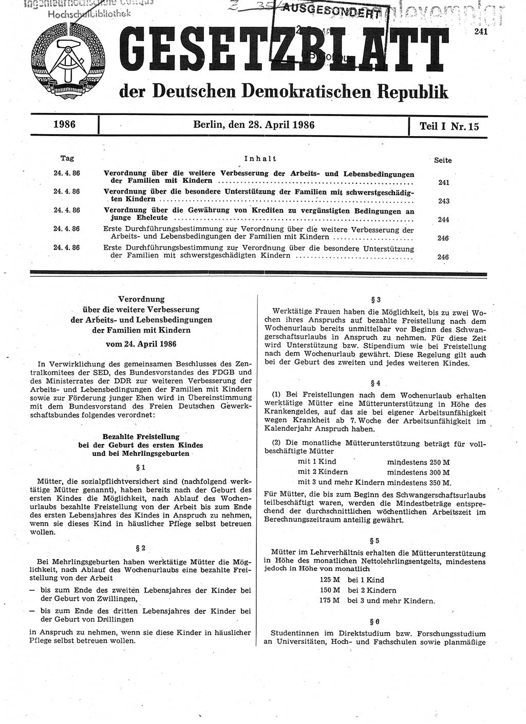 Gesetzblatt (GBl.) der Deutschen Demokratischen Republik (DDR) Teil Ⅰ 1986, Seite 241 (GBl. DDR Ⅰ 1986, S. 241)