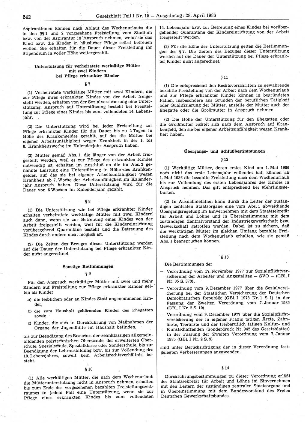 Gesetzblatt (GBl.) der Deutschen Demokratischen Republik (DDR) Teil Ⅰ 1986, Seite 242 (GBl. DDR Ⅰ 1986, S. 242)