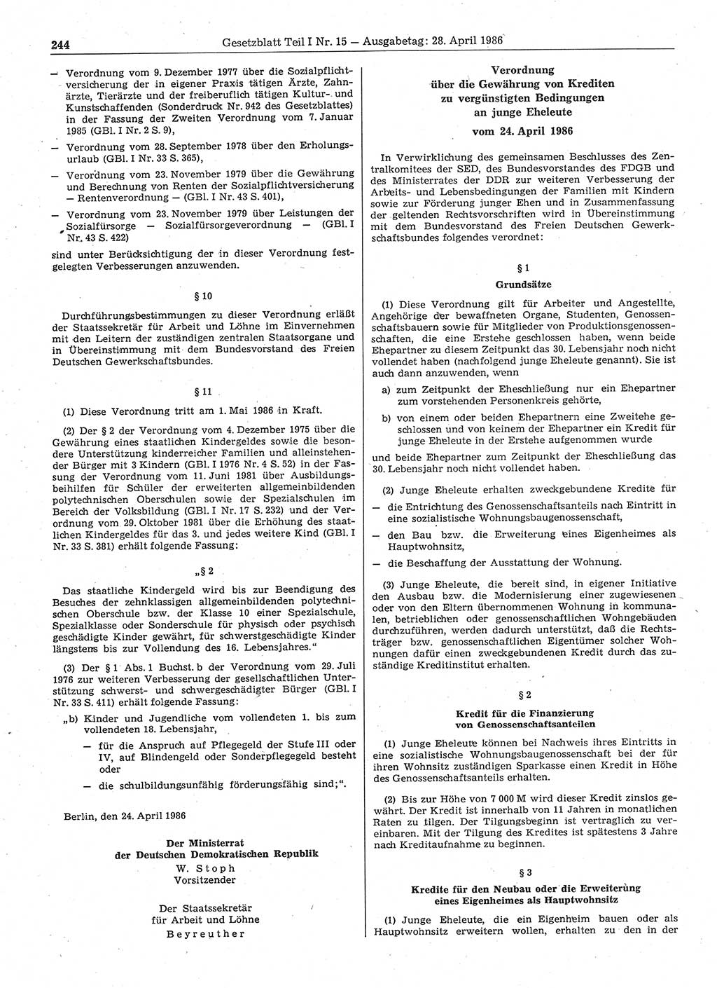 Gesetzblatt (GBl.) der Deutschen Demokratischen Republik (DDR) Teil Ⅰ 1986, Seite 244 (GBl. DDR Ⅰ 1986, S. 244)
