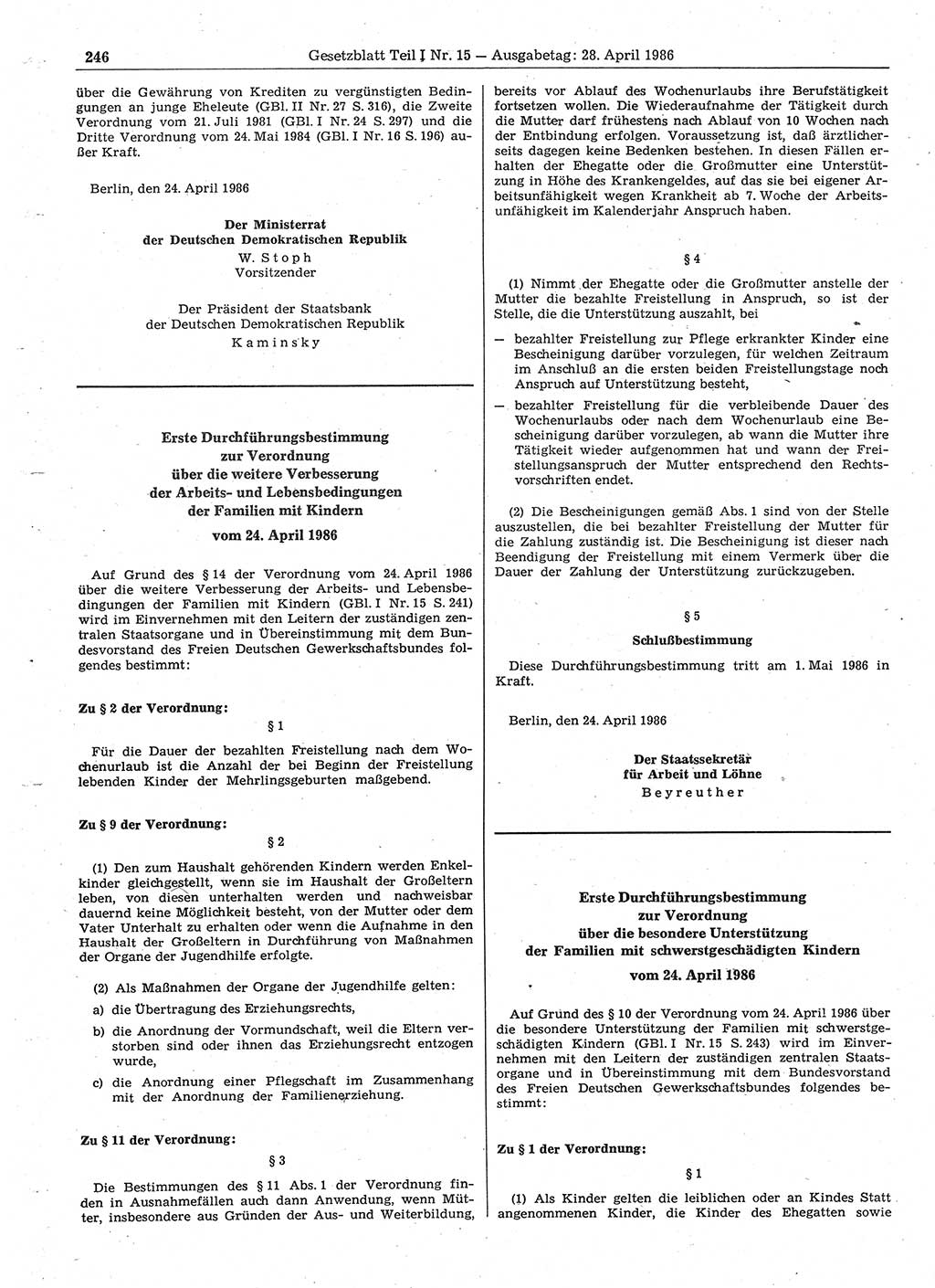 Gesetzblatt (GBl.) der Deutschen Demokratischen Republik (DDR) Teil Ⅰ 1986, Seite 246 (GBl. DDR Ⅰ 1986, S. 246)