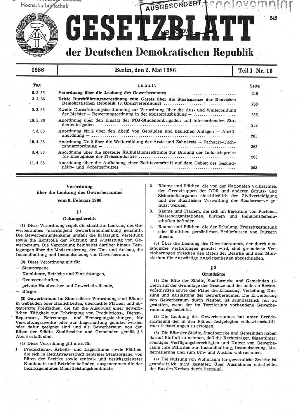 Gesetzblatt (GBl.) der Deutschen Demokratischen Republik (DDR) Teil Ⅰ 1986, Seite 249 (GBl. DDR Ⅰ 1986, S. 249)