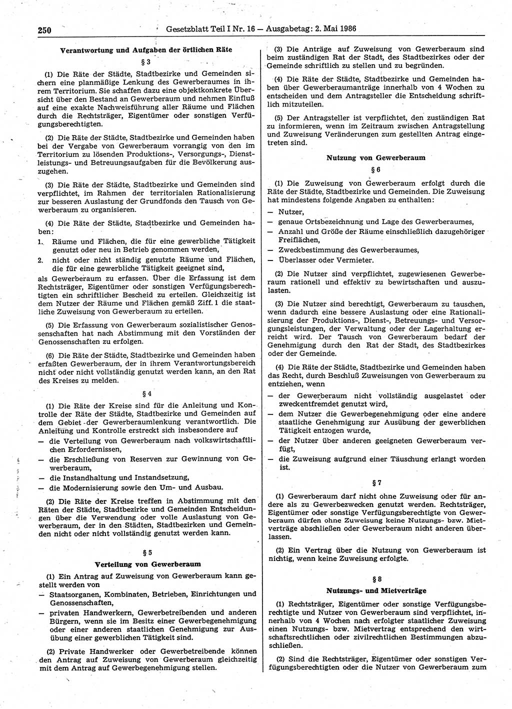 Gesetzblatt (GBl.) der Deutschen Demokratischen Republik (DDR) Teil Ⅰ 1986, Seite 250 (GBl. DDR Ⅰ 1986, S. 250)