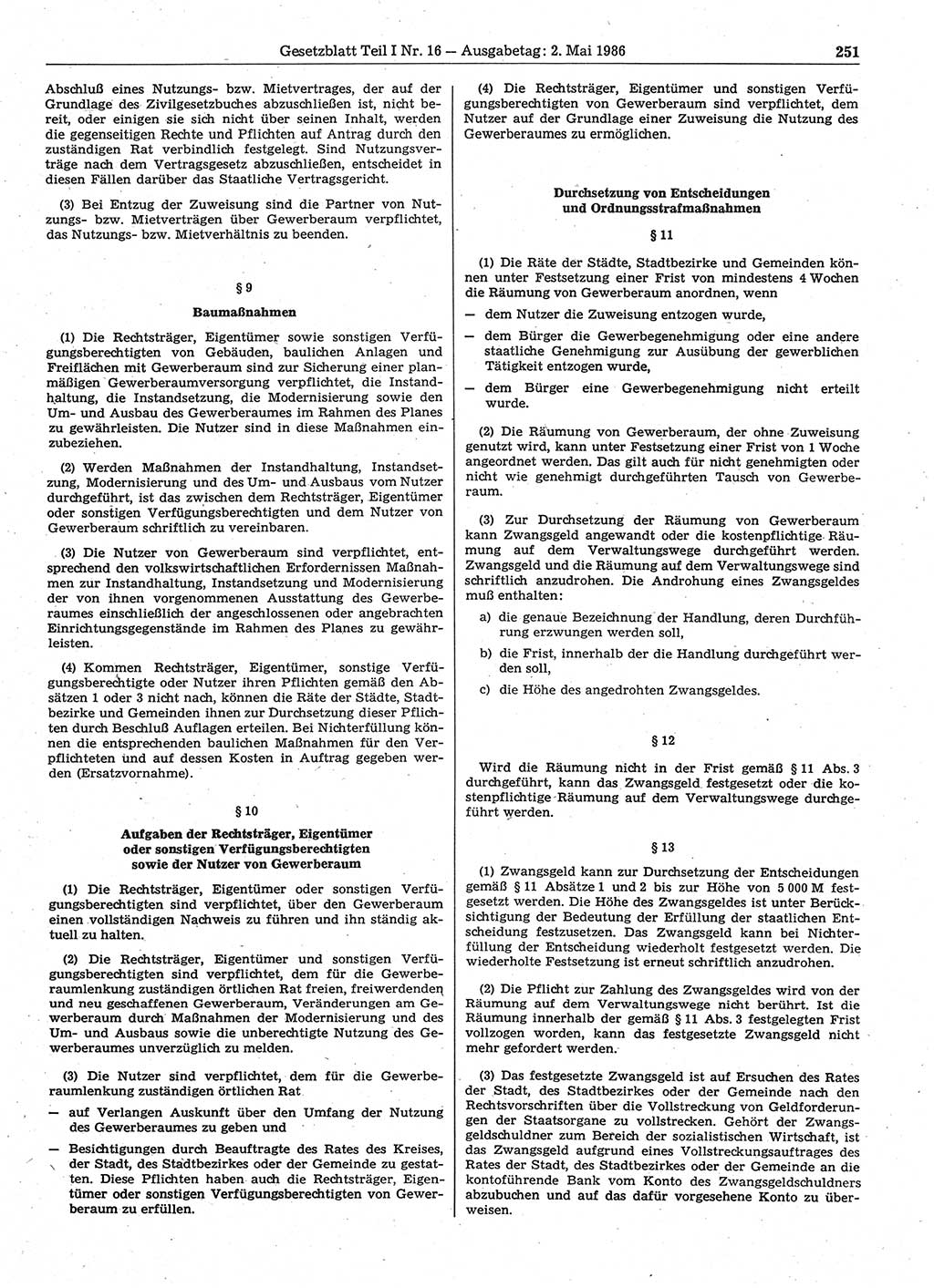 Gesetzblatt (GBl.) der Deutschen Demokratischen Republik (DDR) Teil Ⅰ 1986, Seite 251 (GBl. DDR Ⅰ 1986, S. 251)