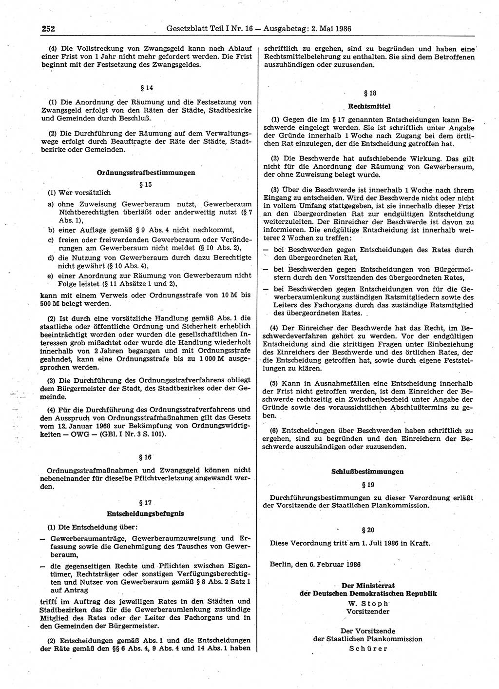 Gesetzblatt (GBl.) der Deutschen Demokratischen Republik (DDR) Teil Ⅰ 1986, Seite 252 (GBl. DDR Ⅰ 1986, S. 252)