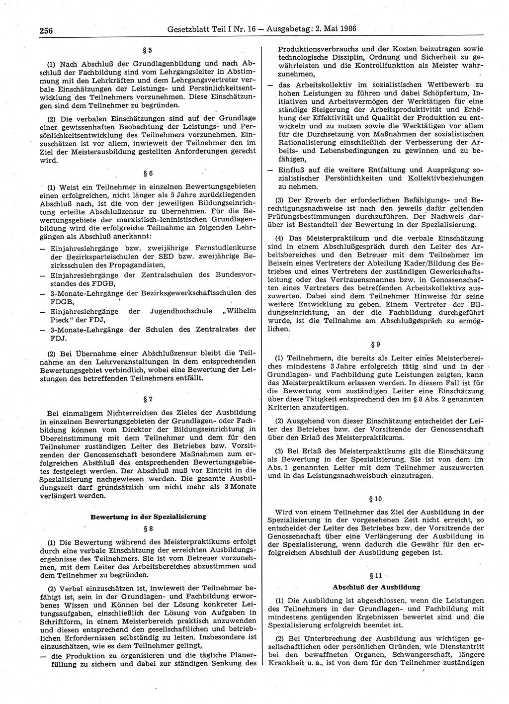 Gesetzblatt (GBl.) der Deutschen Demokratischen Republik (DDR) Teil Ⅰ 1986, Seite 256 (GBl. DDR Ⅰ 1986, S. 256)