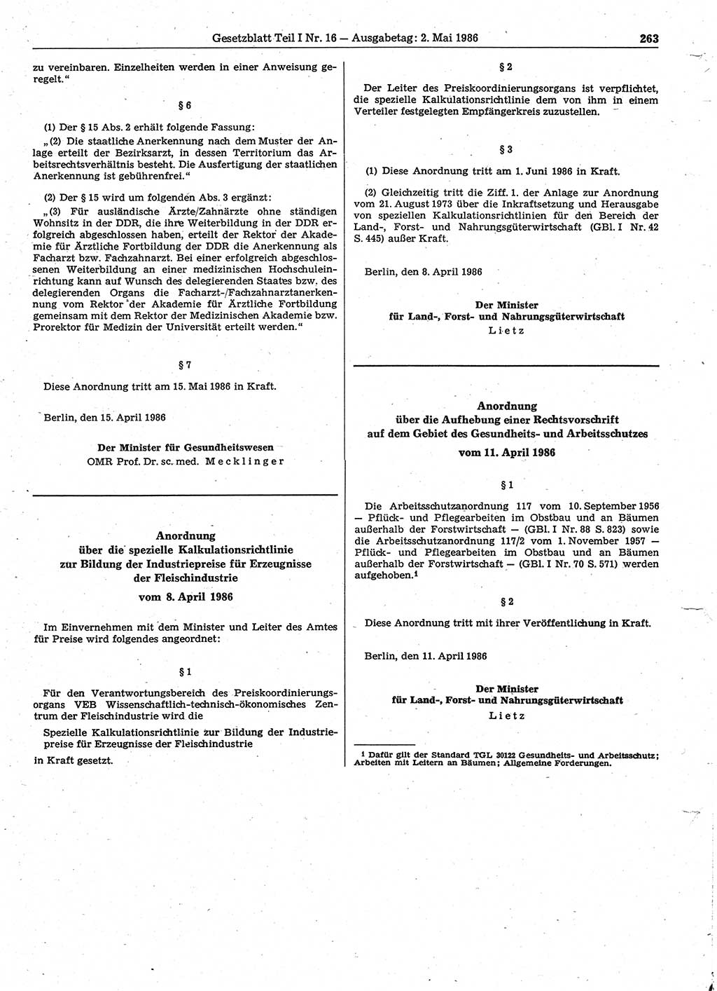 Gesetzblatt (GBl.) der Deutschen Demokratischen Republik (DDR) Teil Ⅰ 1986, Seite 263 (GBl. DDR Ⅰ 1986, S. 263)