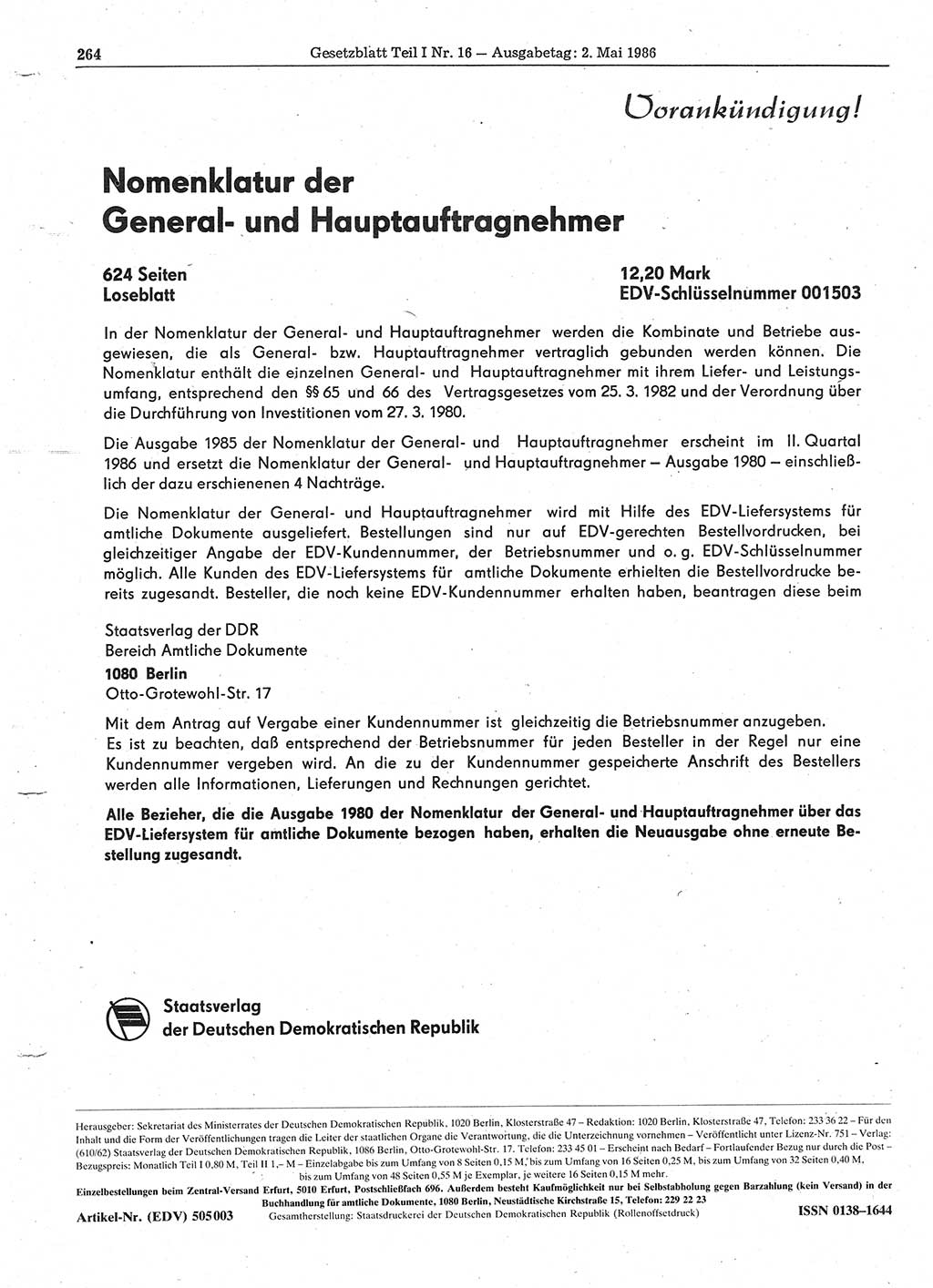 Gesetzblatt (GBl.) der Deutschen Demokratischen Republik (DDR) Teil Ⅰ 1986, Seite 264 (GBl. DDR Ⅰ 1986, S. 264)
