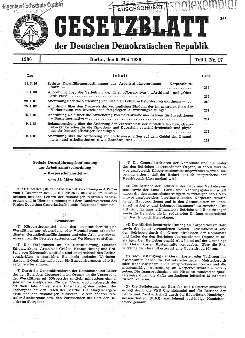 Gesetzblatt (GBl.) der Deutschen Demokratischen Republik (DDR) Teil Ⅰ 1986, Seite 265 (GBl. DDR Ⅰ 1986, S. 265)