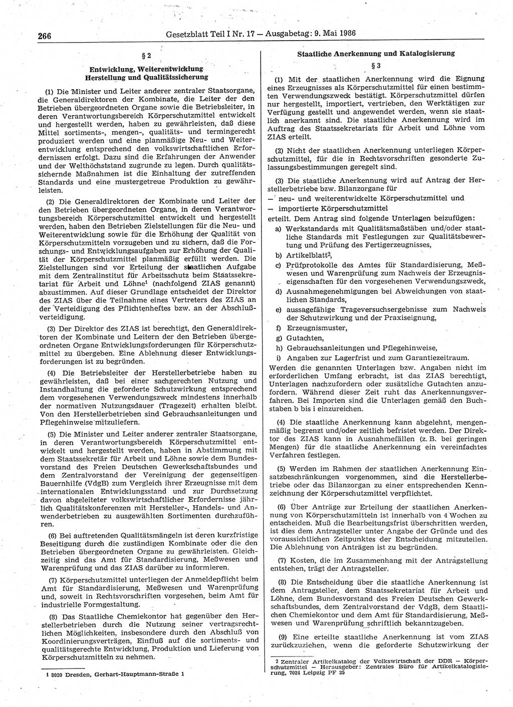 Gesetzblatt (GBl.) der Deutschen Demokratischen Republik (DDR) Teil Ⅰ 1986, Seite 266 (GBl. DDR Ⅰ 1986, S. 266)