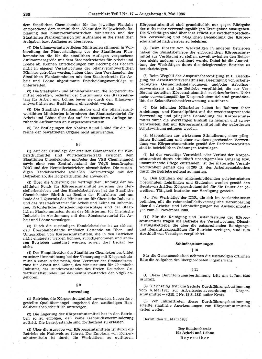 Gesetzblatt (GBl.) der Deutschen Demokratischen Republik (DDR) Teil Ⅰ 1986, Seite 268 (GBl. DDR Ⅰ 1986, S. 268)