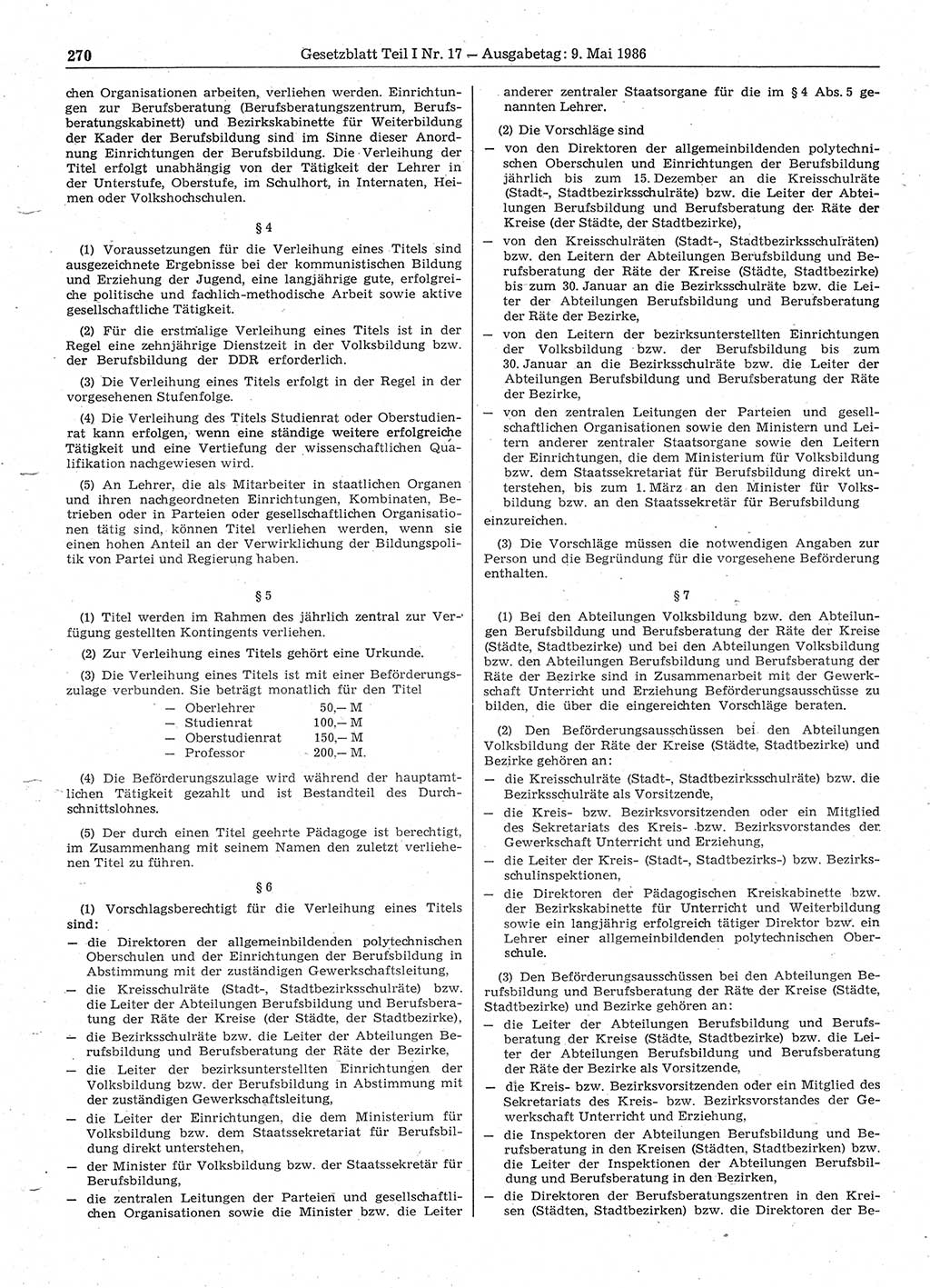 Gesetzblatt (GBl.) der Deutschen Demokratischen Republik (DDR) Teil Ⅰ 1986, Seite 270 (GBl. DDR Ⅰ 1986, S. 270)