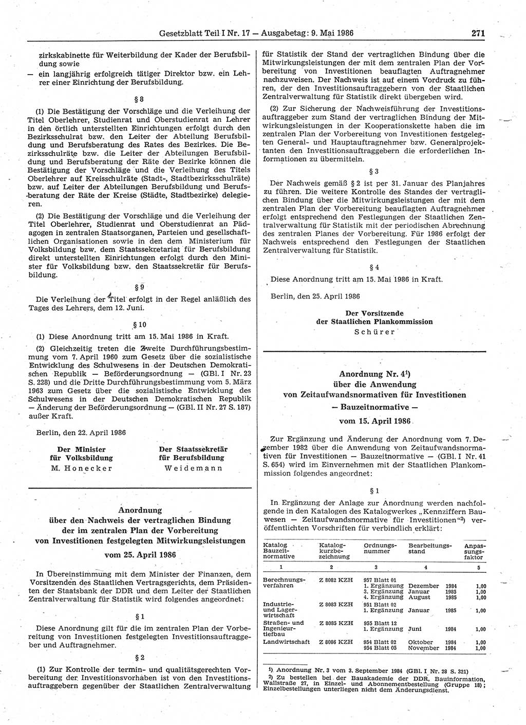 Gesetzblatt (GBl.) der Deutschen Demokratischen Republik (DDR) Teil Ⅰ 1986, Seite 271 (GBl. DDR Ⅰ 1986, S. 271)