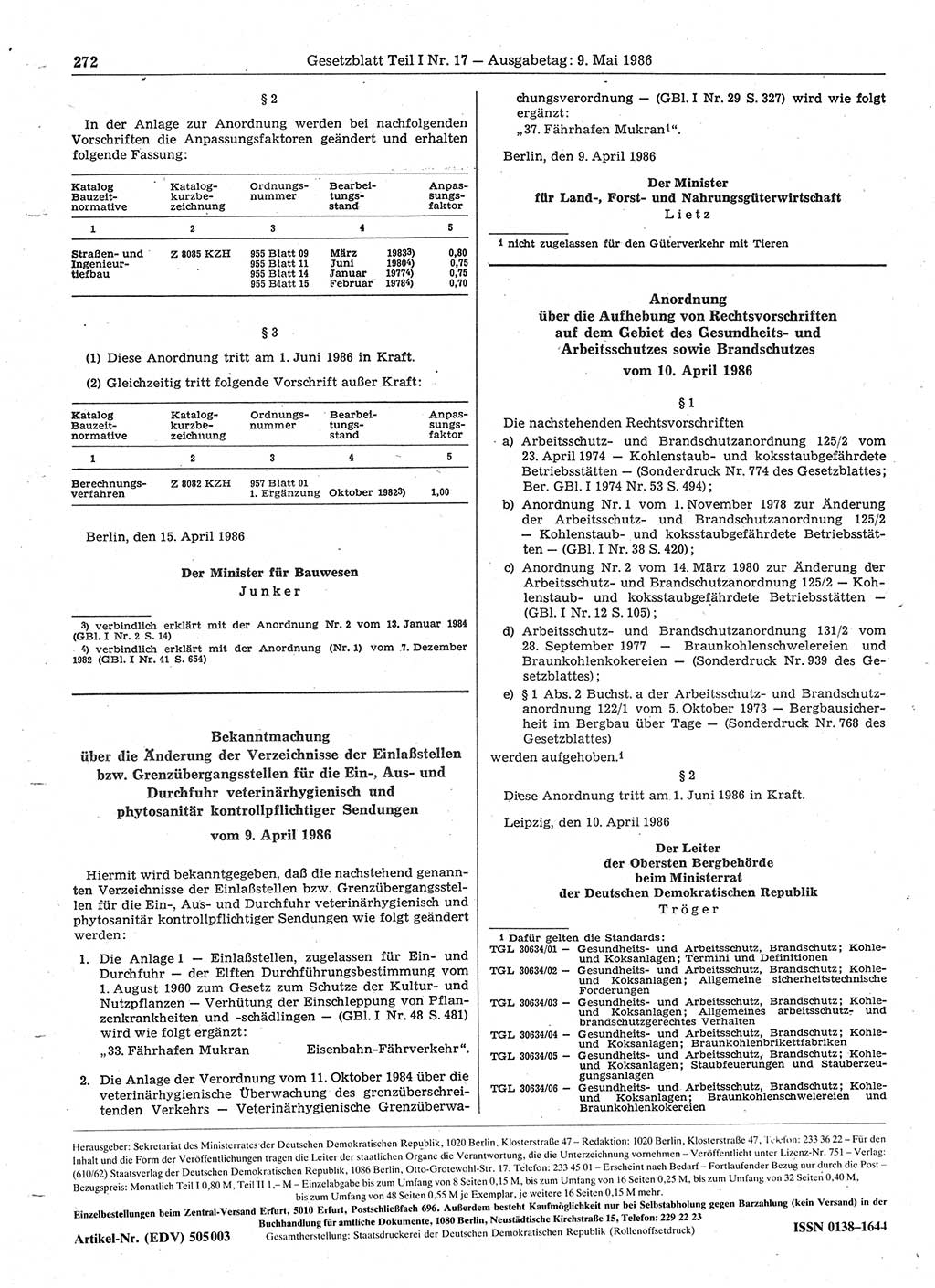 Gesetzblatt (GBl.) der Deutschen Demokratischen Republik (DDR) Teil Ⅰ 1986, Seite 272 (GBl. DDR Ⅰ 1986, S. 272)