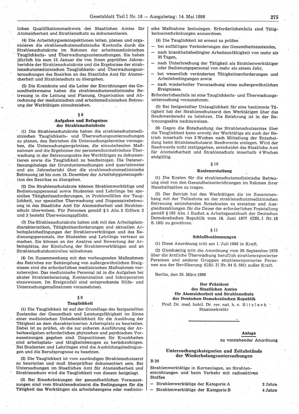 Gesetzblatt (GBl.) der Deutschen Demokratischen Republik (DDR) Teil Ⅰ 1986, Seite 275 (GBl. DDR Ⅰ 1986, S. 275)