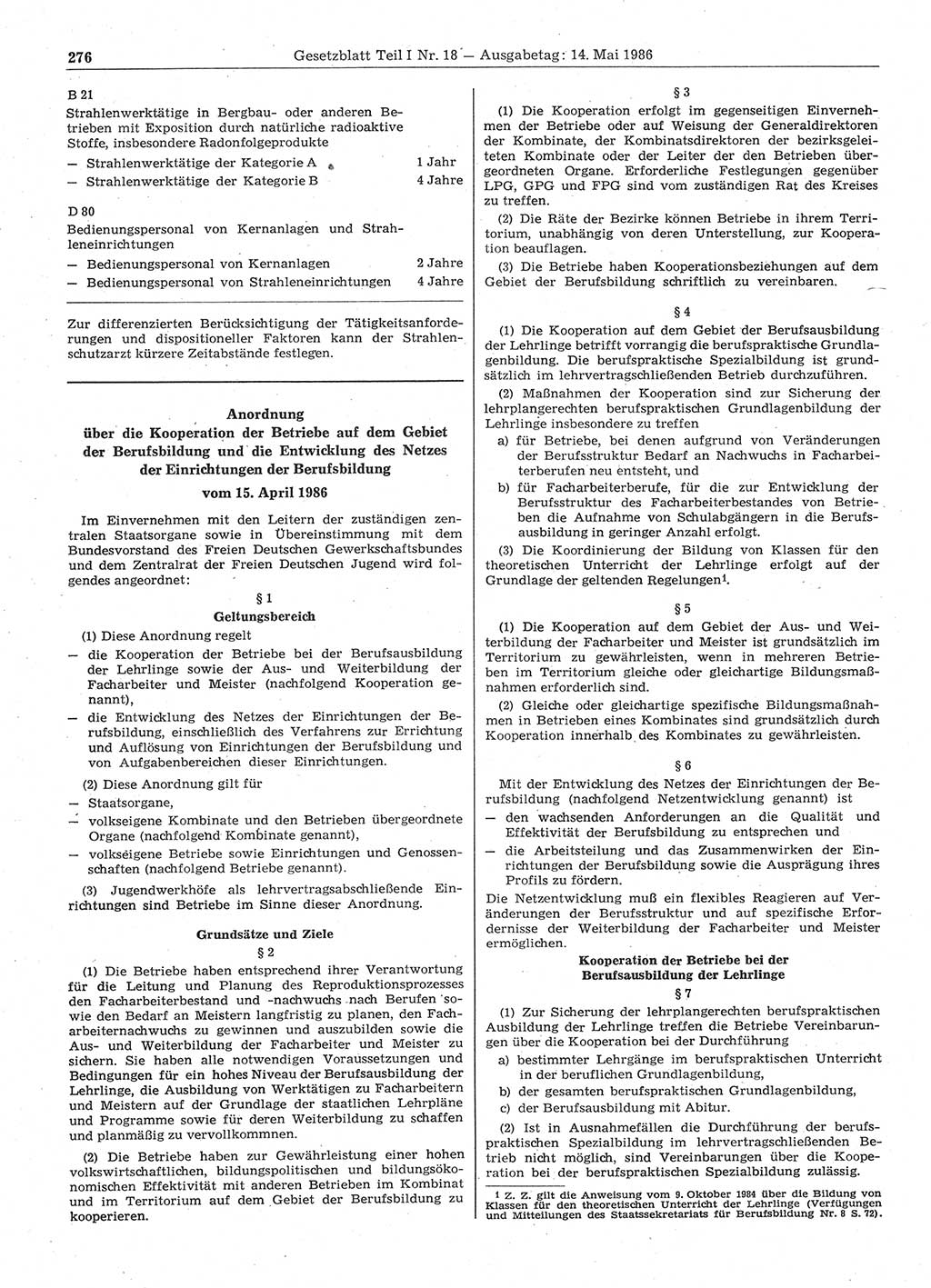 Gesetzblatt (GBl.) der Deutschen Demokratischen Republik (DDR) Teil Ⅰ 1986, Seite 276 (GBl. DDR Ⅰ 1986, S. 276)