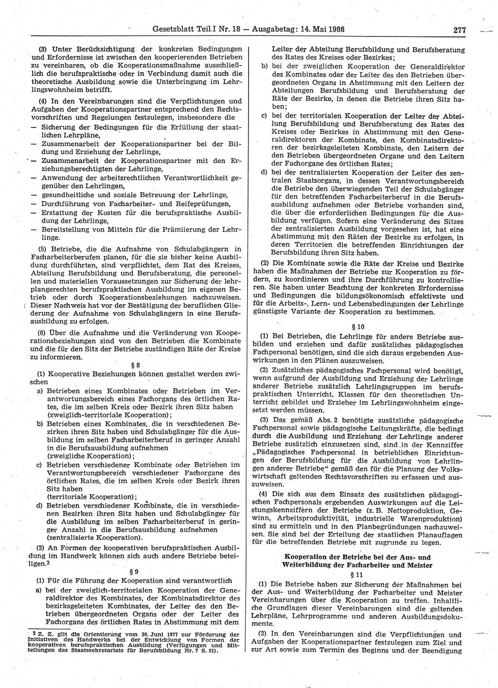 Gesetzblatt (GBl.) der Deutschen Demokratischen Republik (DDR) Teil Ⅰ 1986, Seite 277 (GBl. DDR Ⅰ 1986, S. 277)