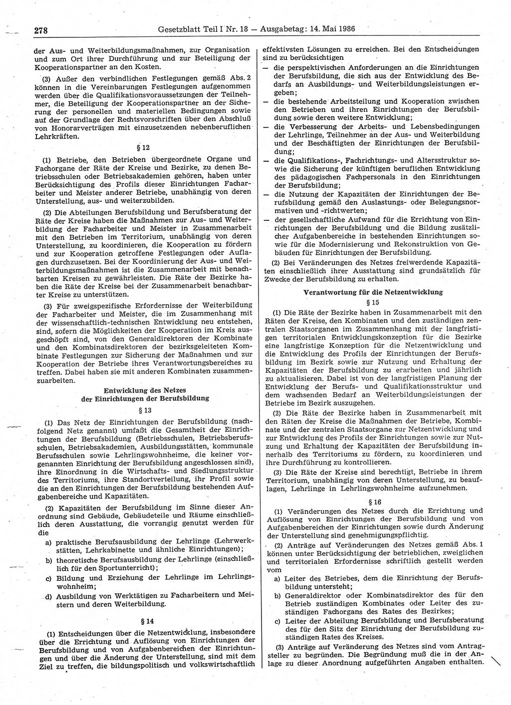 Gesetzblatt (GBl.) der Deutschen Demokratischen Republik (DDR) Teil Ⅰ 1986, Seite 278 (GBl. DDR Ⅰ 1986, S. 278)