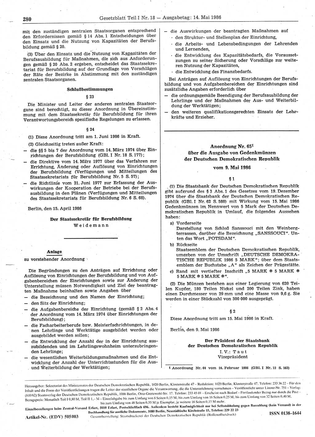 Gesetzblatt (GBl.) der Deutschen Demokratischen Republik (DDR) Teil Ⅰ 1986, Seite 280 (GBl. DDR Ⅰ 1986, S. 280)