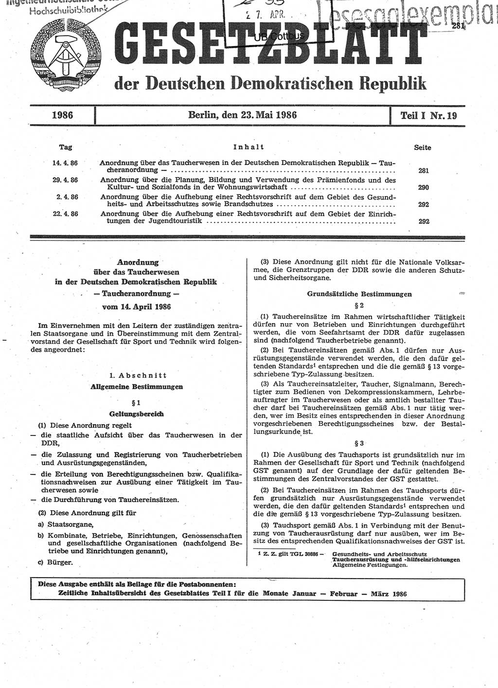 Gesetzblatt (GBl.) der Deutschen Demokratischen Republik (DDR) Teil Ⅰ 1986, Seite 281 (GBl. DDR Ⅰ 1986, S. 281)