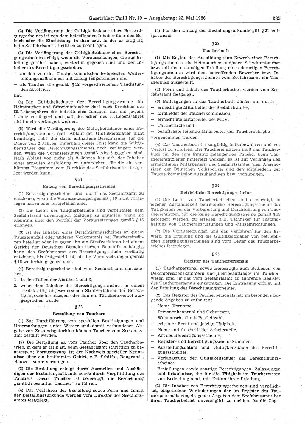 Gesetzblatt (GBl.) der Deutschen Demokratischen Republik (DDR) Teil Ⅰ 1986, Seite 285 (GBl. DDR Ⅰ 1986, S. 285)