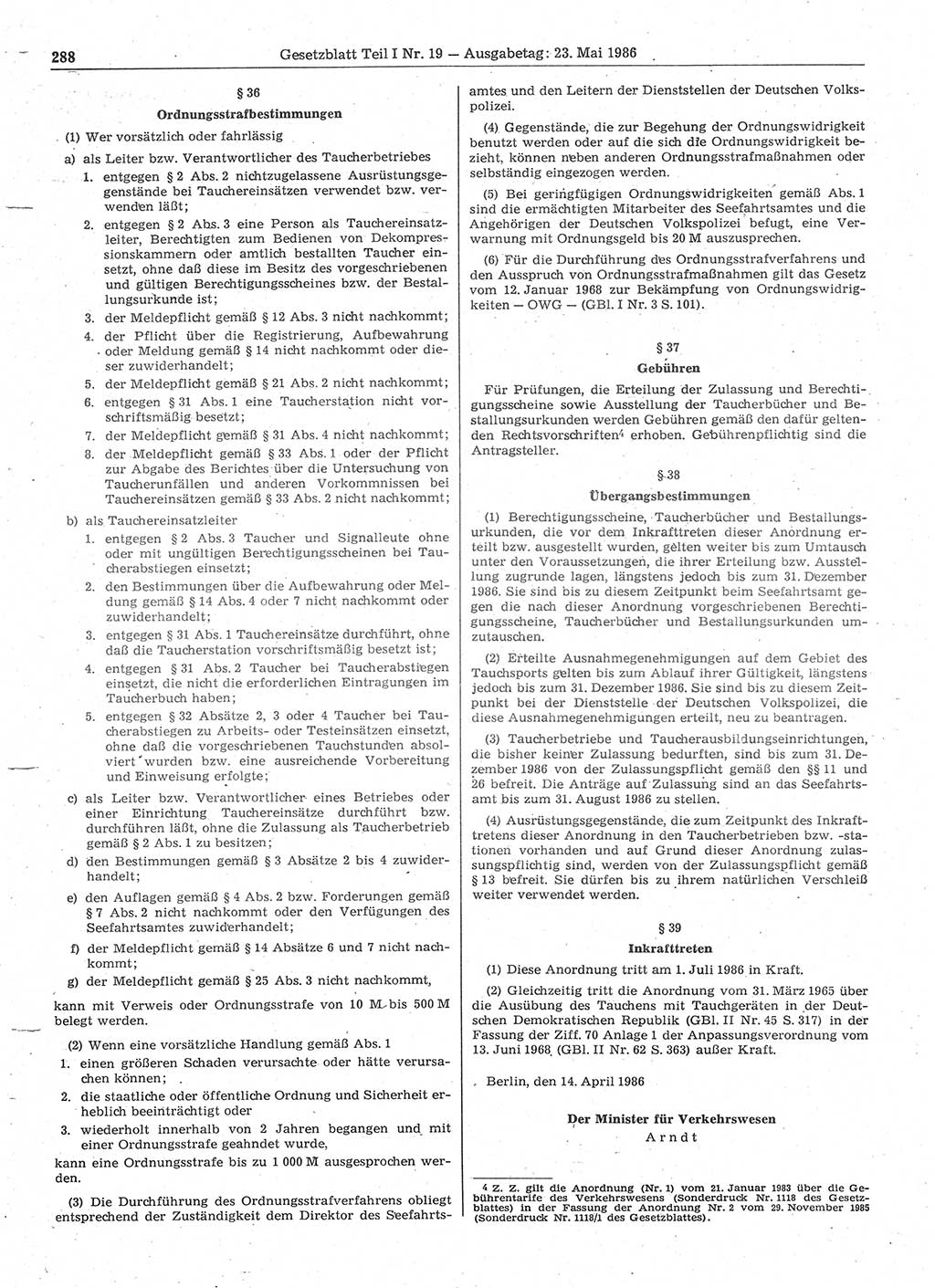 Gesetzblatt (GBl.) der Deutschen Demokratischen Republik (DDR) Teil Ⅰ 1986, Seite 288 (GBl. DDR Ⅰ 1986, S. 288)