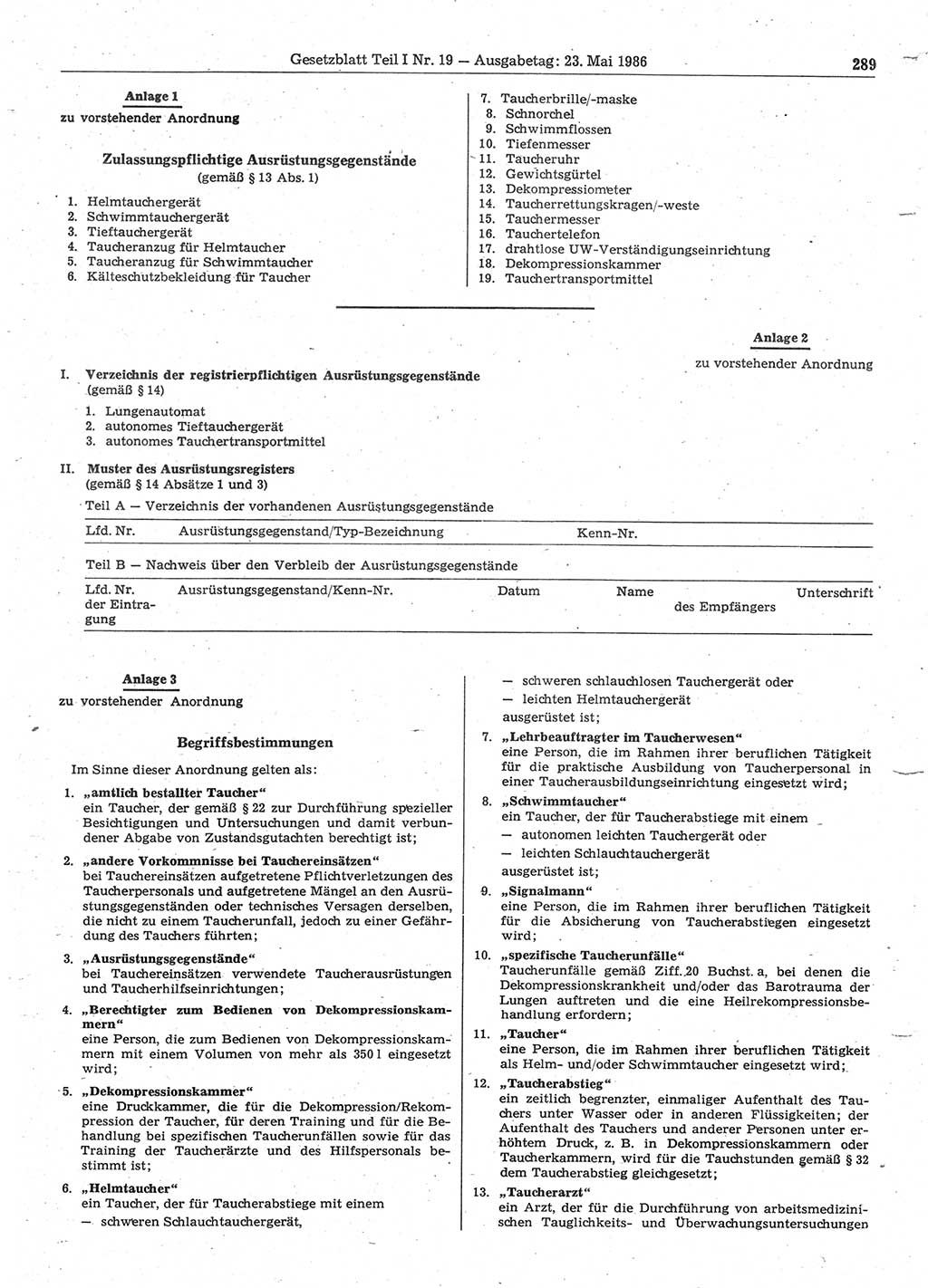 Gesetzblatt (GBl.) der Deutschen Demokratischen Republik (DDR) Teil Ⅰ 1986, Seite 289 (GBl. DDR Ⅰ 1986, S. 289)
