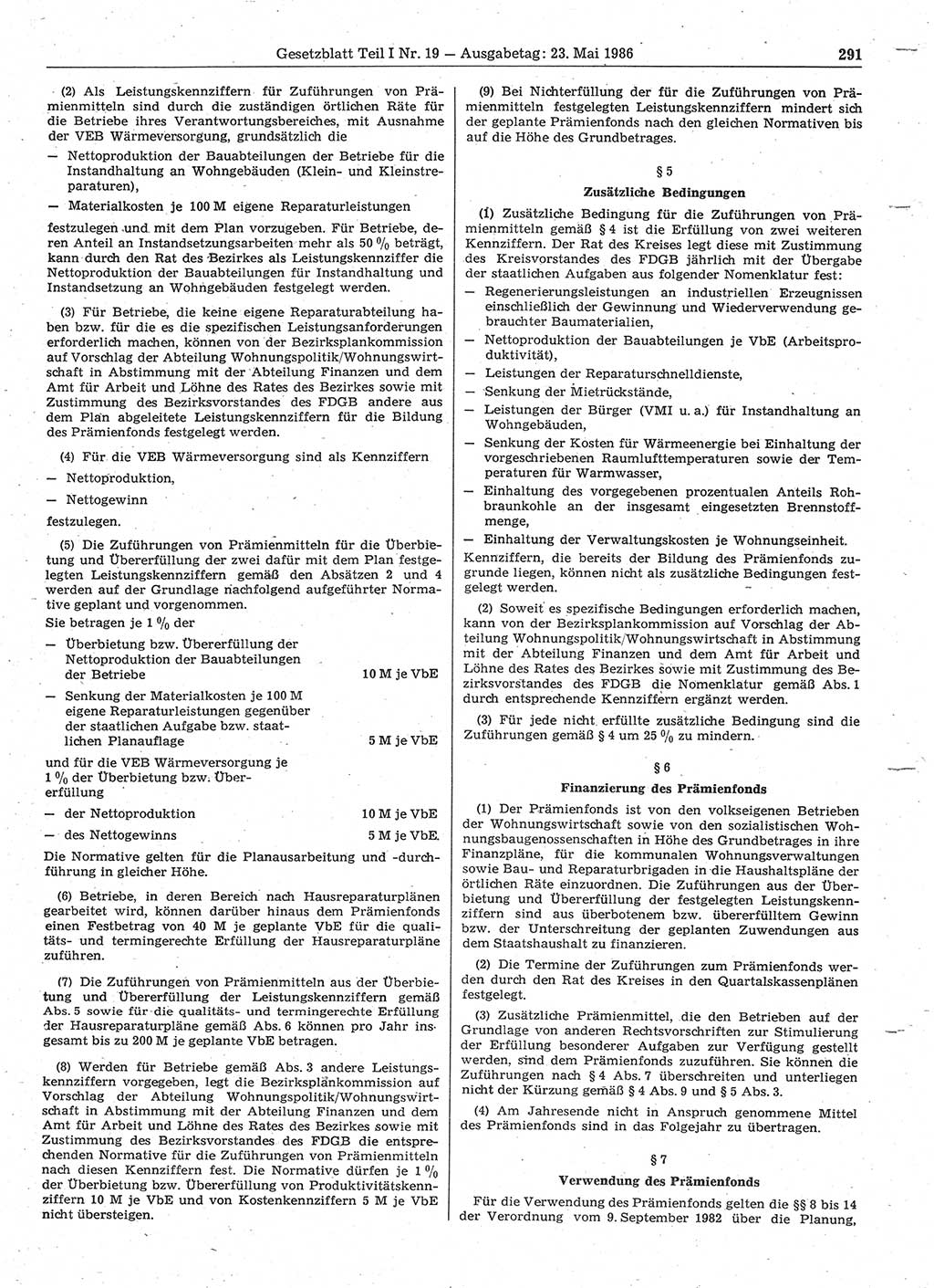 Gesetzblatt (GBl.) der Deutschen Demokratischen Republik (DDR) Teil Ⅰ 1986, Seite 291 (GBl. DDR Ⅰ 1986, S. 291)