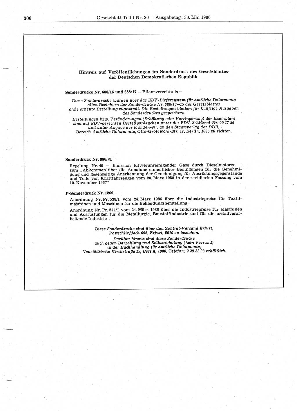 Gesetzblatt (GBl.) der Deutschen Demokratischen Republik (DDR) Teil Ⅰ 1986, Seite 306 (GBl. DDR Ⅰ 1986, S. 306)
