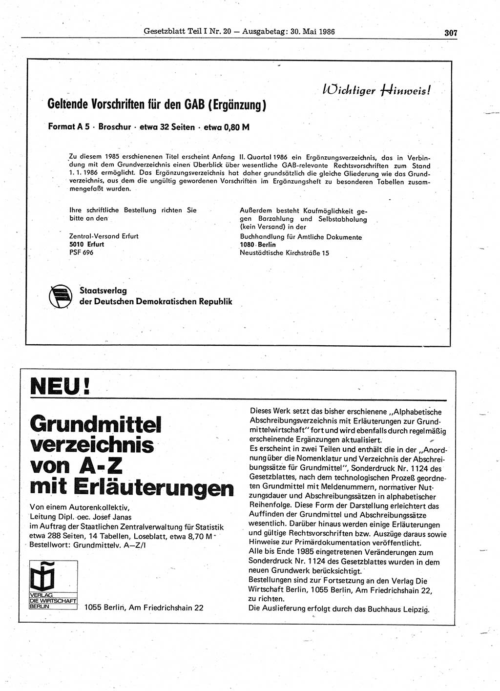 Gesetzblatt (GBl.) der Deutschen Demokratischen Republik (DDR) Teil Ⅰ 1986, Seite 307 (GBl. DDR Ⅰ 1986, S. 307)