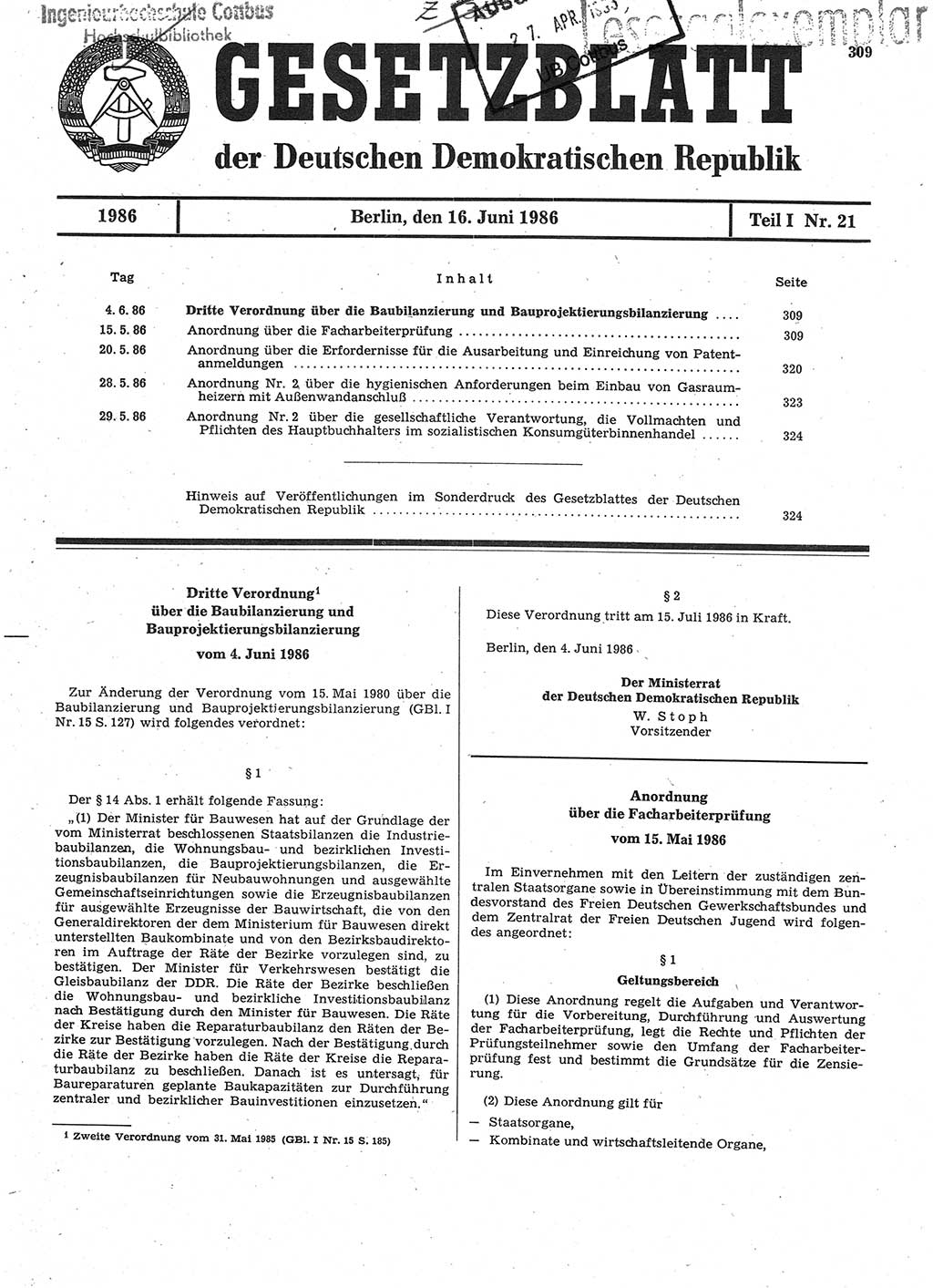 Gesetzblatt (GBl.) der Deutschen Demokratischen Republik (DDR) Teil Ⅰ 1986, Seite 309 (GBl. DDR Ⅰ 1986, S. 309)