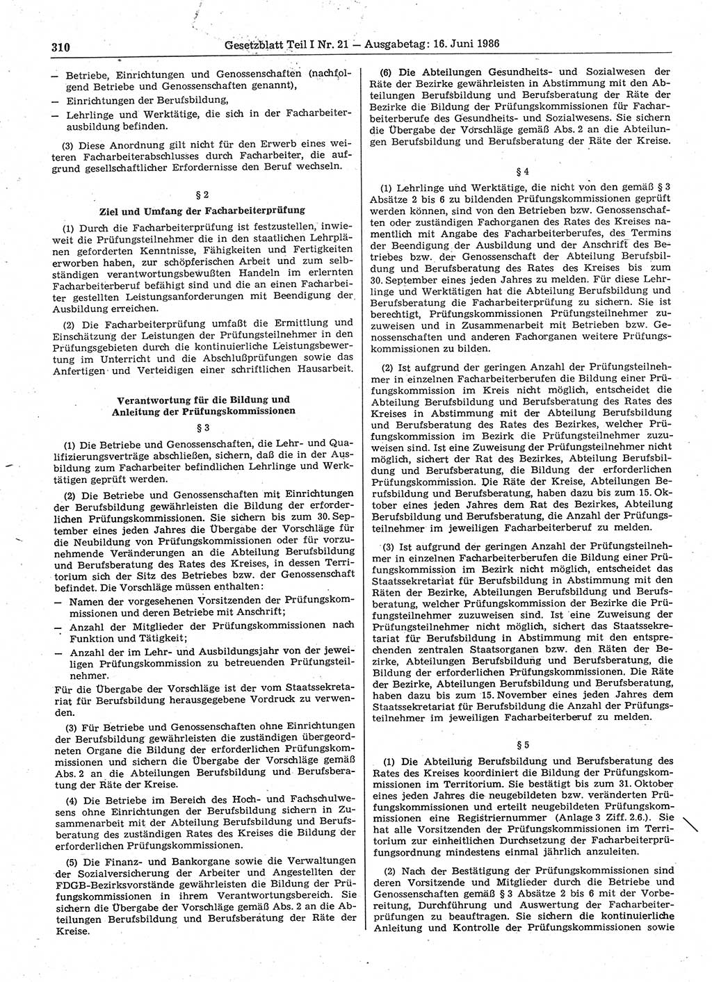 Gesetzblatt (GBl.) der Deutschen Demokratischen Republik (DDR) Teil Ⅰ 1986, Seite 310 (GBl. DDR Ⅰ 1986, S. 310)