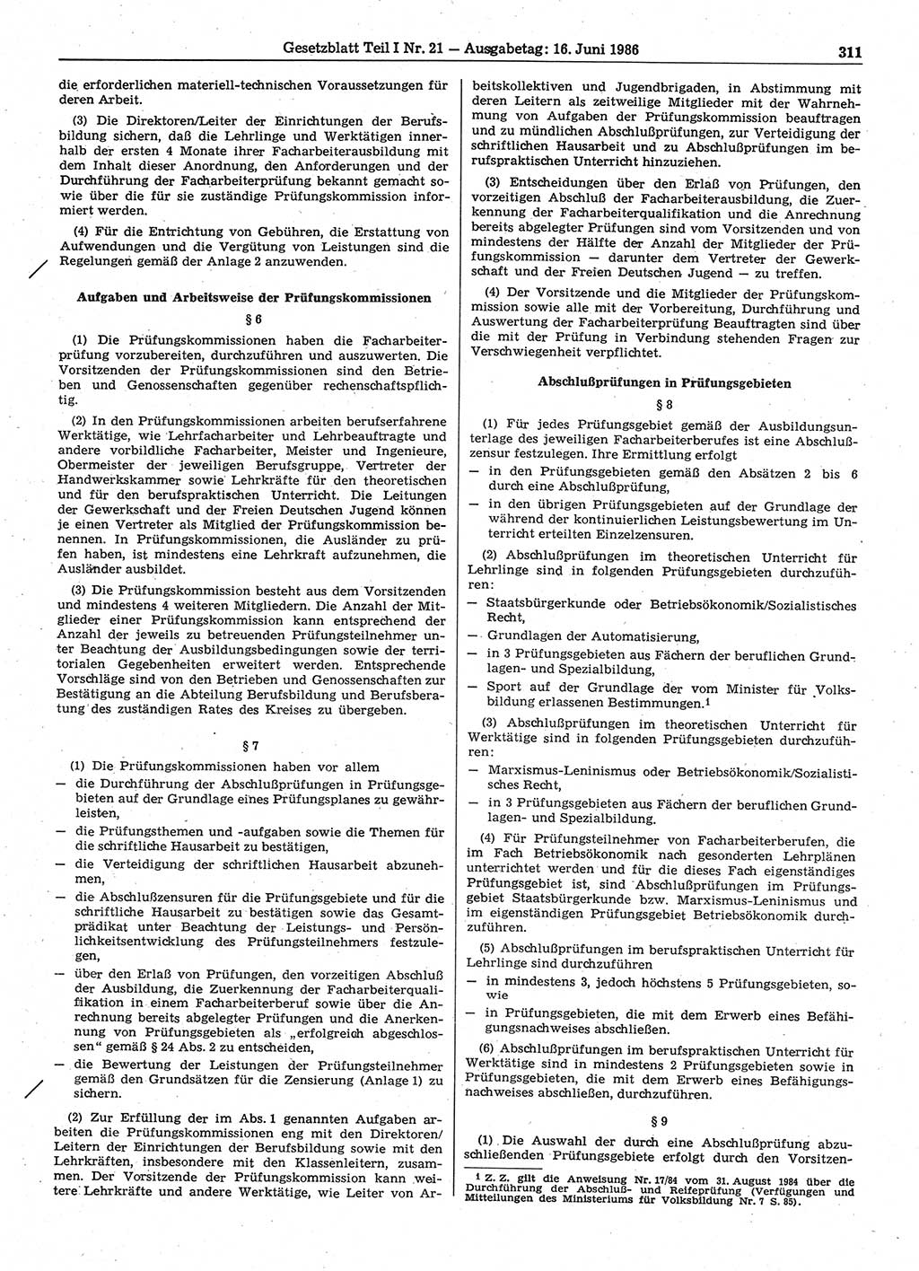 Gesetzblatt (GBl.) der Deutschen Demokratischen Republik (DDR) Teil Ⅰ 1986, Seite 311 (GBl. DDR Ⅰ 1986, S. 311)