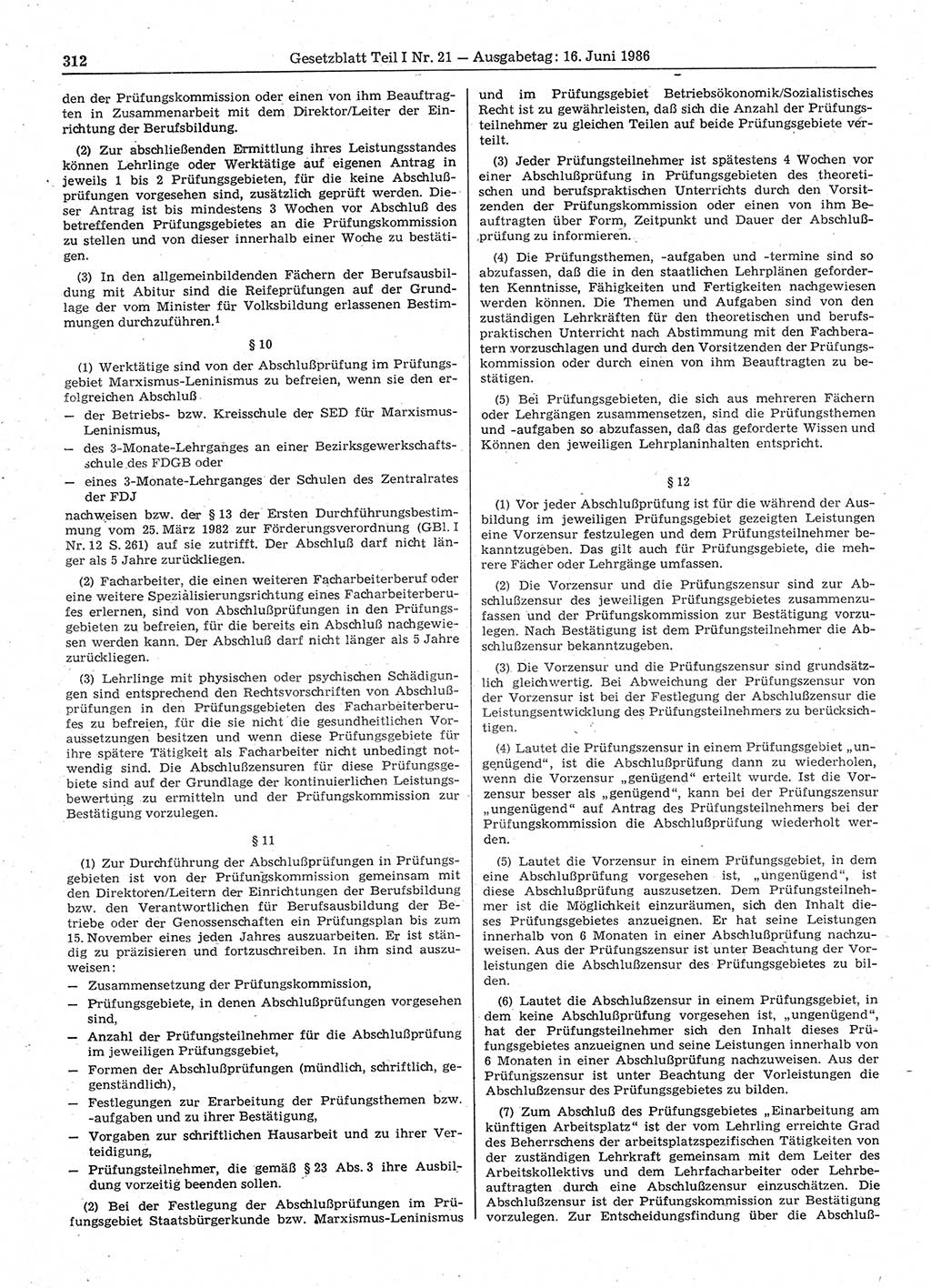 Gesetzblatt (GBl.) der Deutschen Demokratischen Republik (DDR) Teil Ⅰ 1986, Seite 312 (GBl. DDR Ⅰ 1986, S. 312)