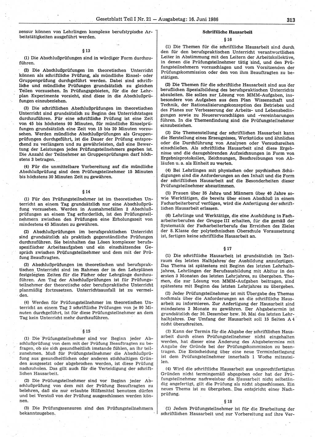 Gesetzblatt (GBl.) der Deutschen Demokratischen Republik (DDR) Teil Ⅰ 1986, Seite 313 (GBl. DDR Ⅰ 1986, S. 313)