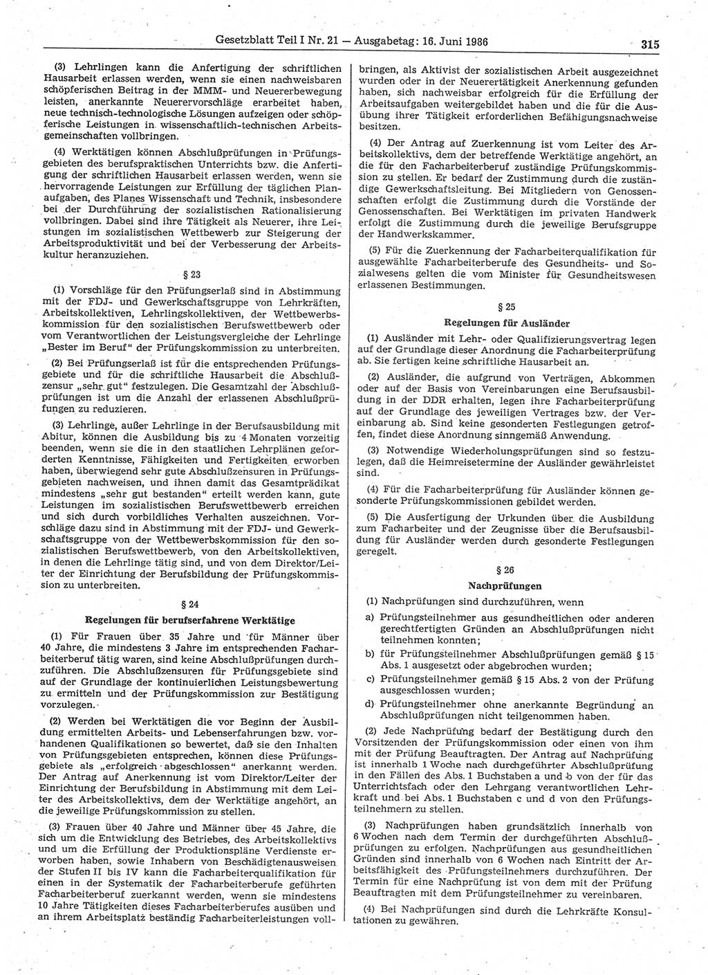 Gesetzblatt (GBl.) der Deutschen Demokratischen Republik (DDR) Teil Ⅰ 1986, Seite 315 (GBl. DDR Ⅰ 1986, S. 315)